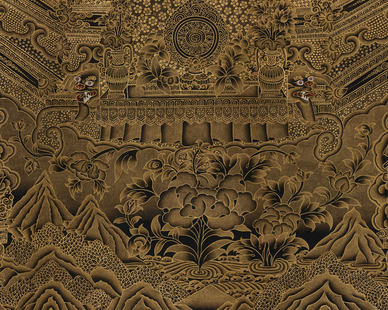 A Rare Collectable Artwork of Medicine Buddha | Four Heavenly Kings | 24K Gold Embellishments on Black Canvas