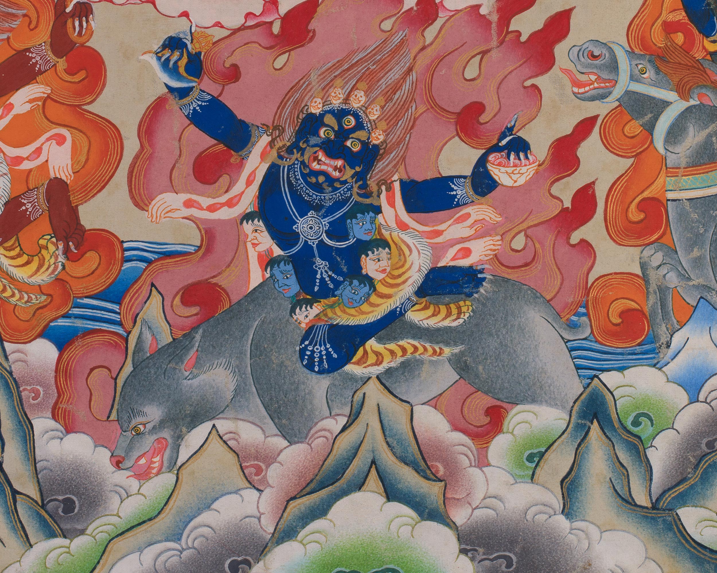 Six-Arms Mahakala Thangka With Brocade | Tibetan Protector Deity for Powerful Protection