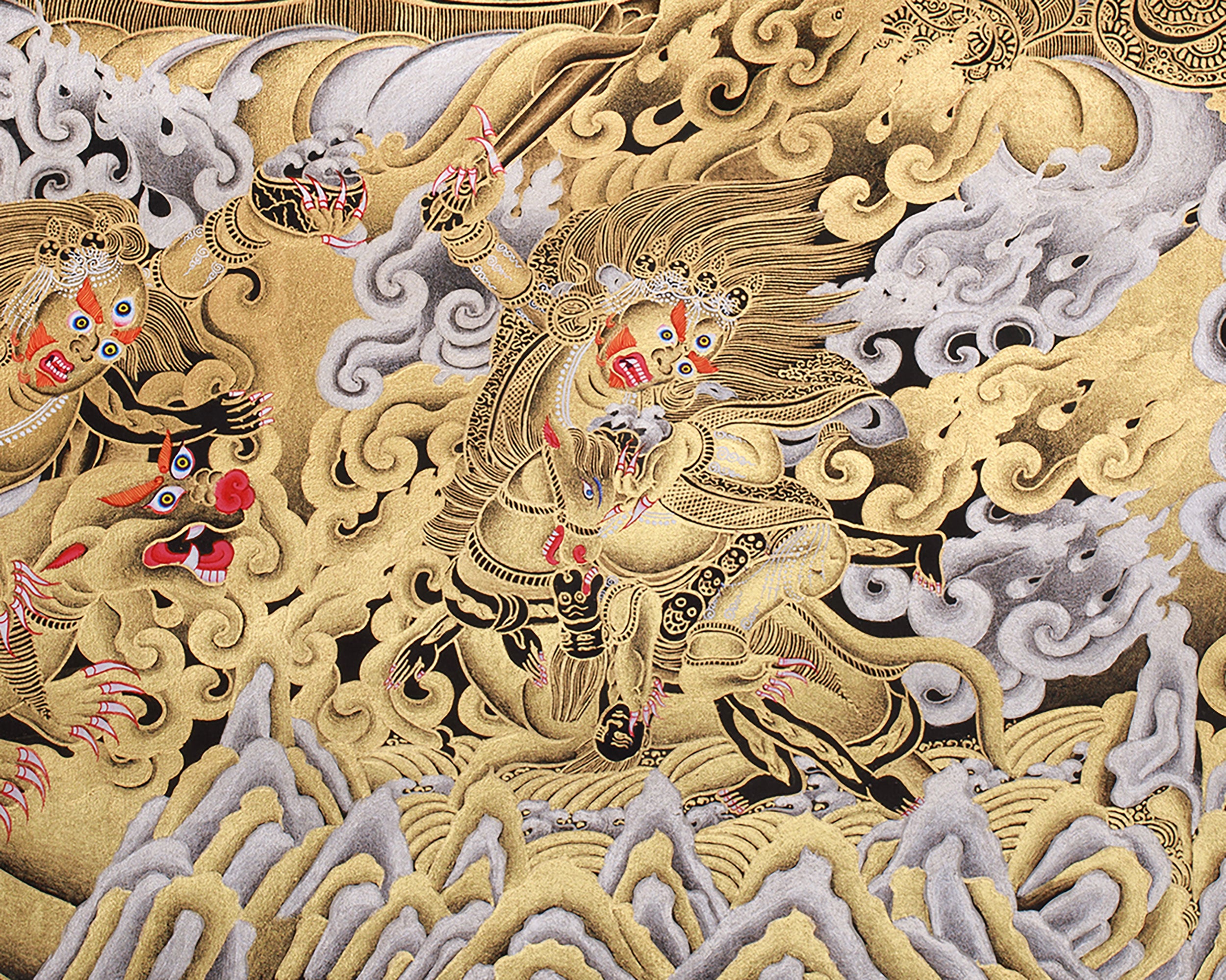 Majestic Gold & Silver Wrathful Six-Armed Mahakala Thangka | Protector of Dharma