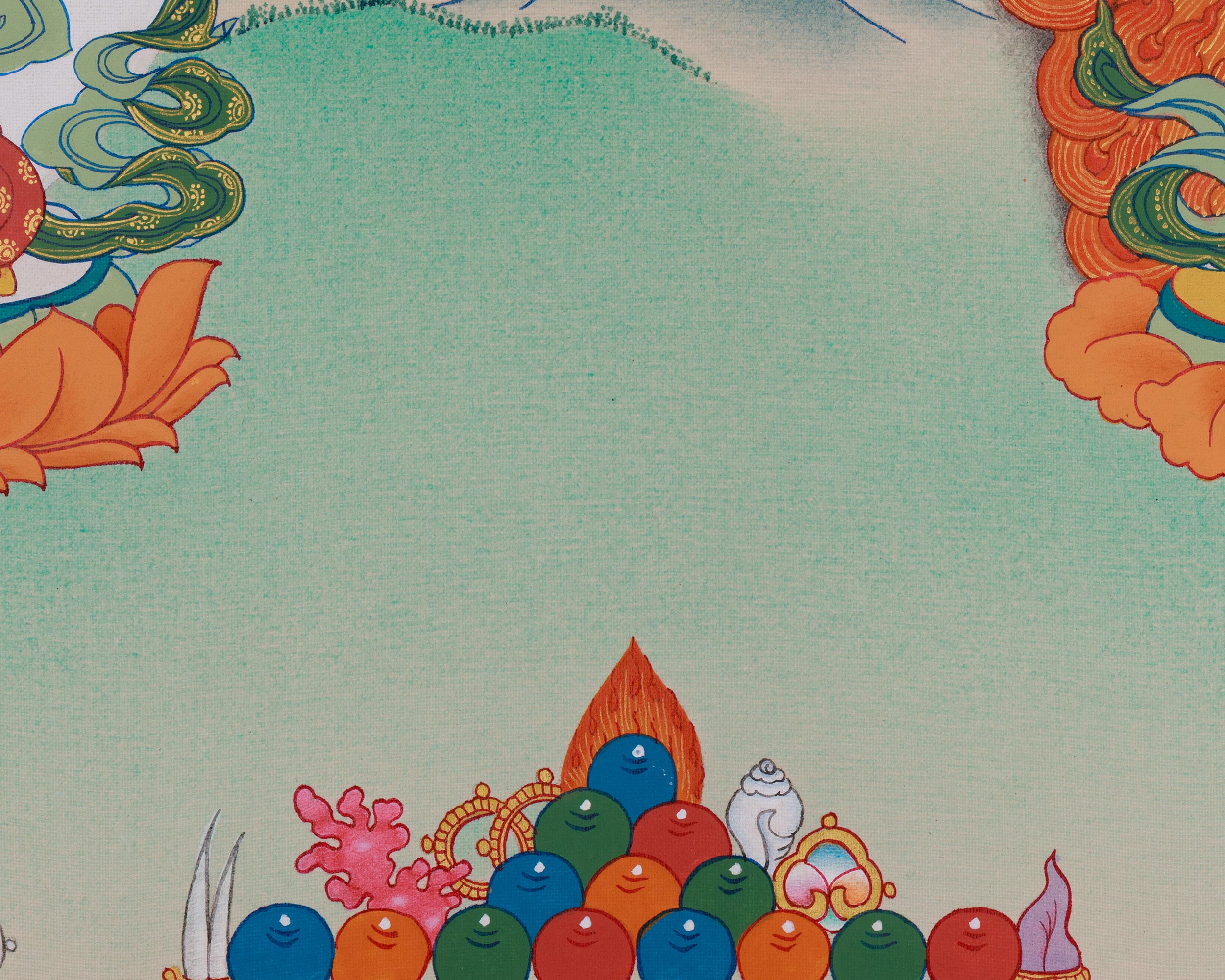 Manjushri with Chenrezig and Vajrapani Thangka | The Divine Triad of Wisdom, Compassion, and Protection