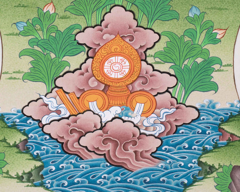 Buddha Shakyamuni Thangka | Featuring Two Disciples and Mantra | Tibetan Buddhist Arts