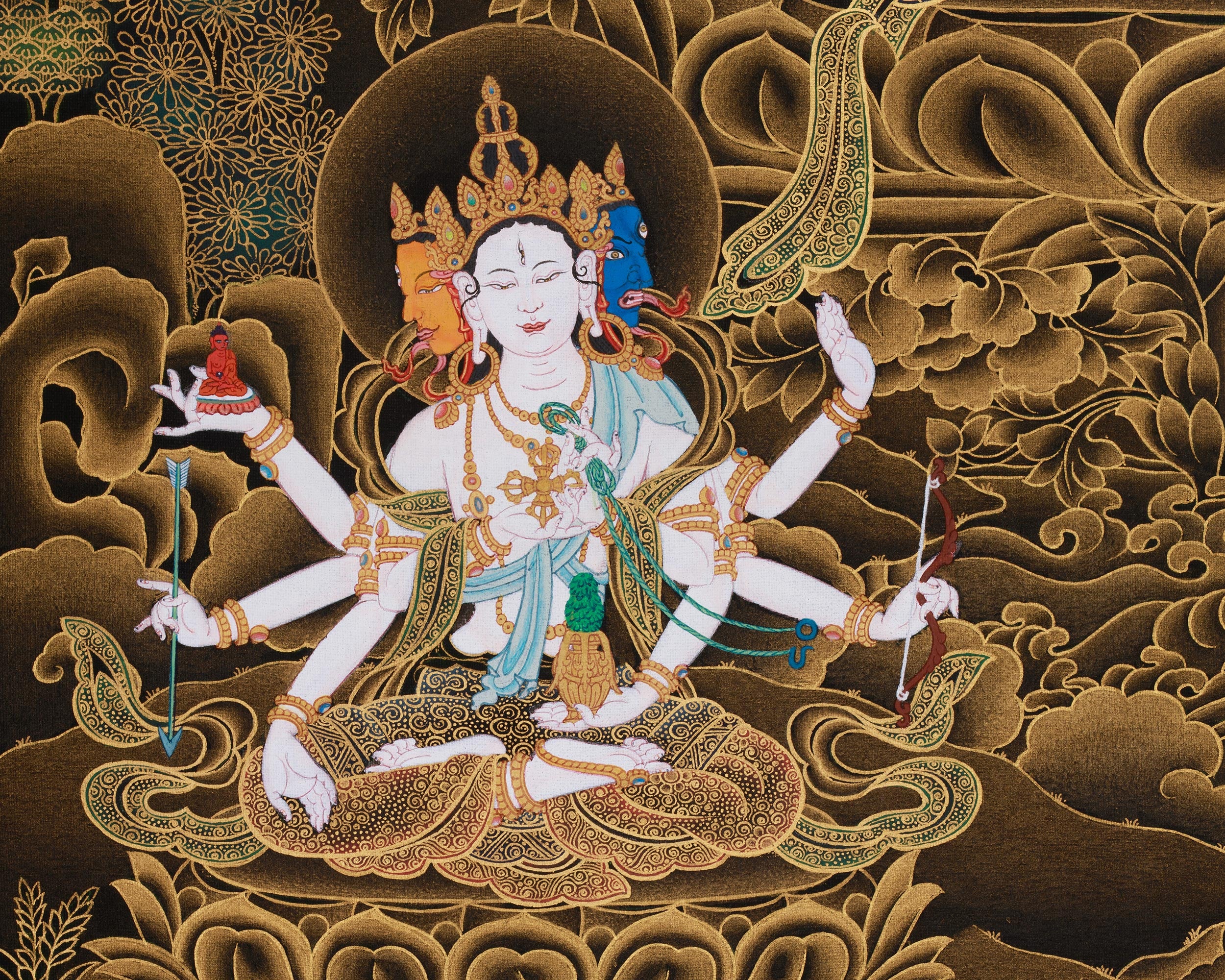 Hand-Painted Three Deities of Long Life: White Tara, Amitayus, and Namgyalma | Gold Embellished Thangka