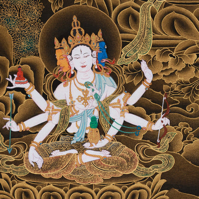 Hand-Painted Three Deities of Long Life: White Tara, Amitayus, and Namgyalma | Gold Embellished Thangka