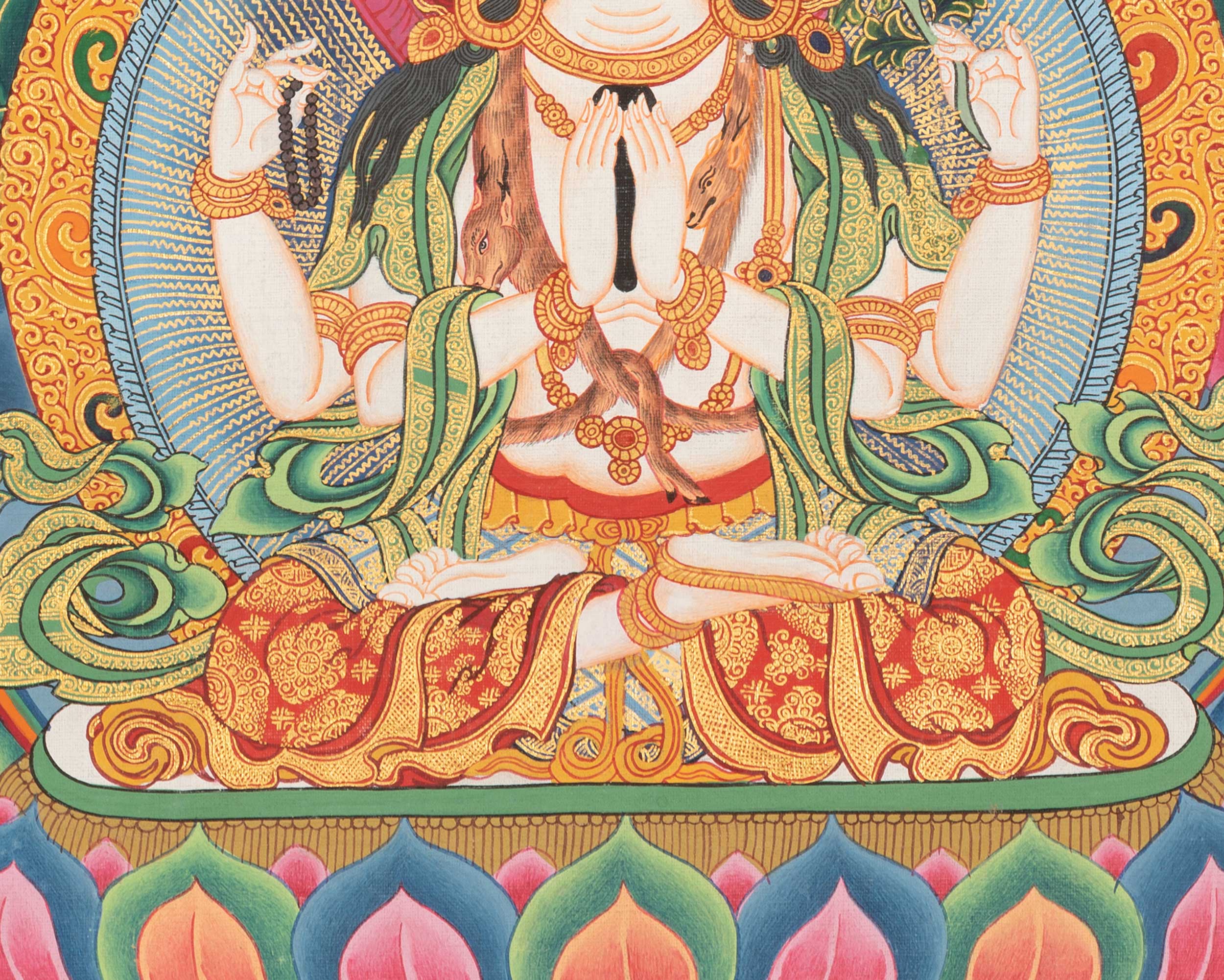 4 Armed Chengrezig Thangka | Buddhist Newari Art Style from Kathmandu Nepal