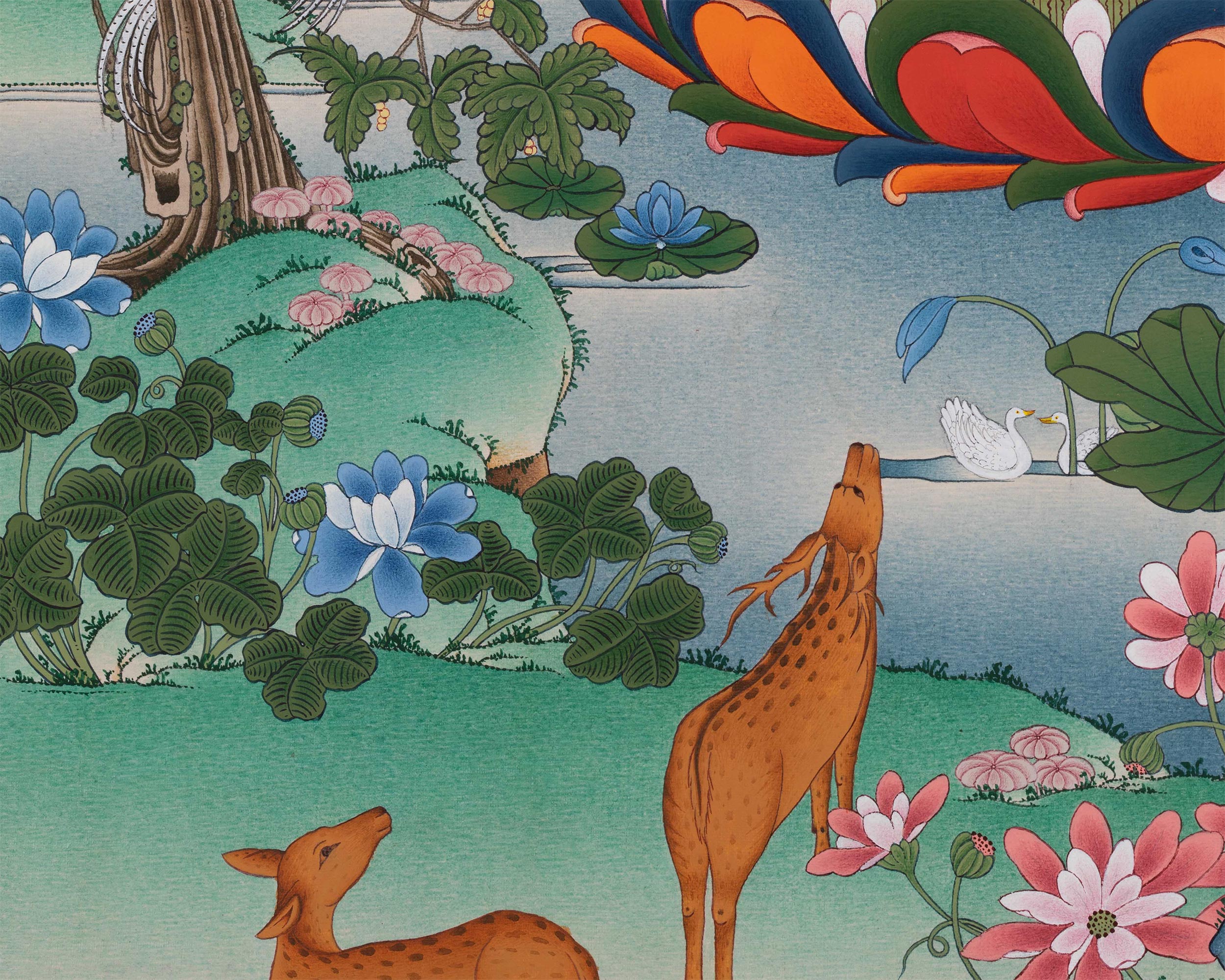 Rare Tibetan Buddha Shakyamuni Thangka Surrounded by Nature | A Vision of Enlightenment