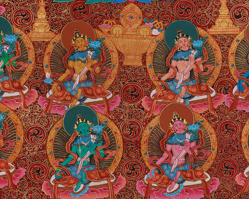 Divine 21 Taras Thangka Print | Buddhist Art of the 21 Manifestations of Tara