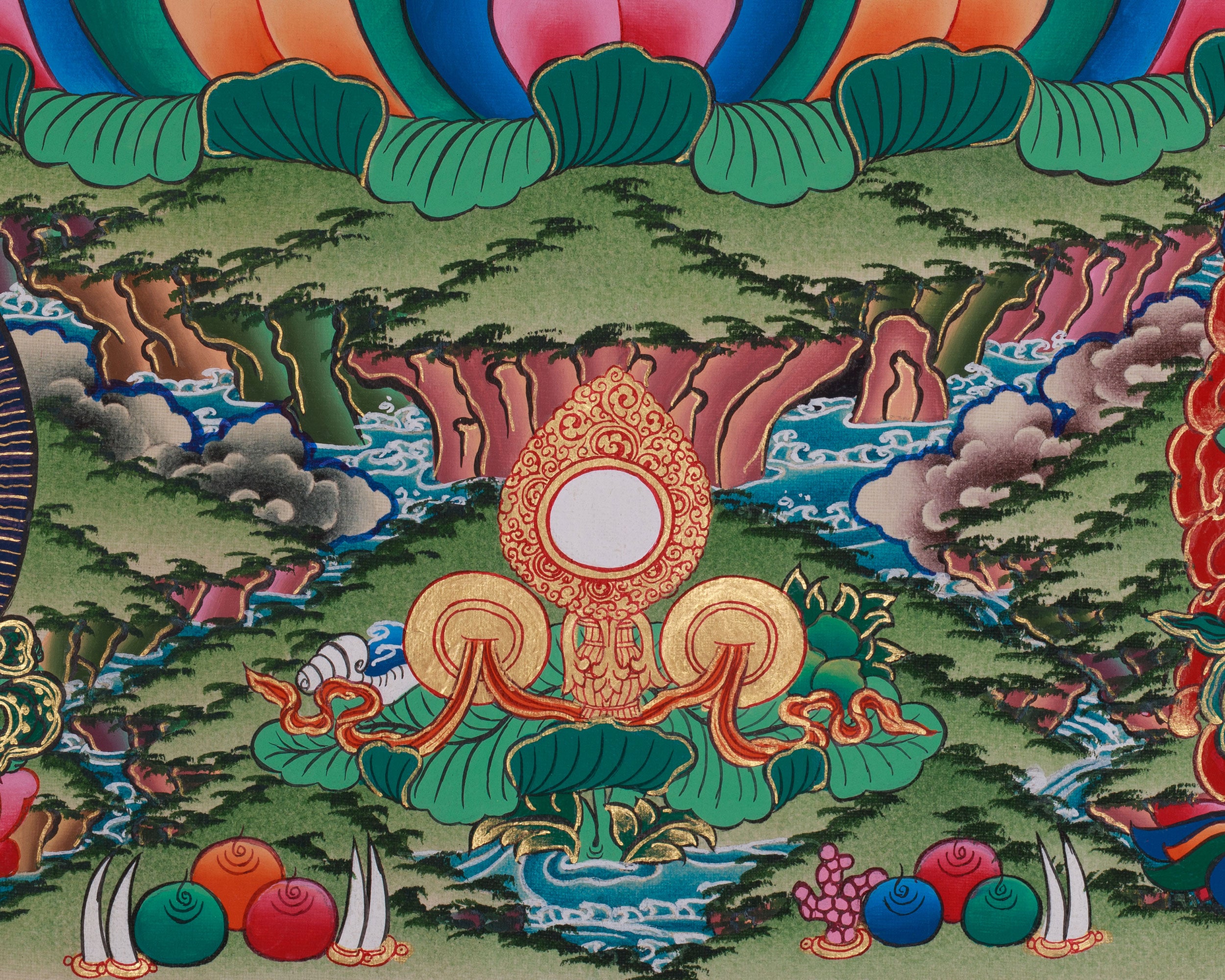 Chenrezig with Amitabha, Manjushri, and Vajrapani Thangka | Sacred Tibetan Art