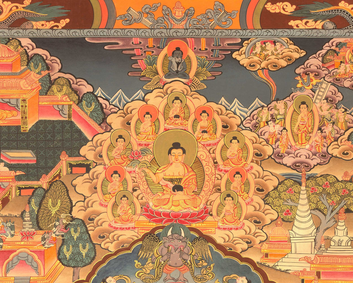 Miraculous Life Events Siddhartha Gautama Buddha | Hand Painted Thangka Art