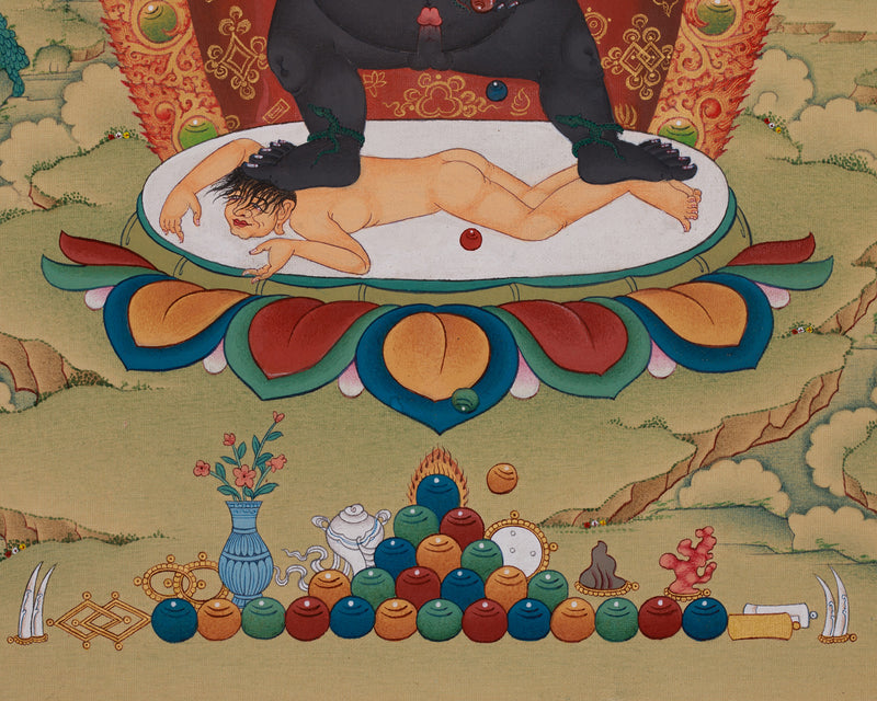 Black Dzambhala with Ratnasambhava Buddha Thangka | Manifestation of Prosperity and Protection