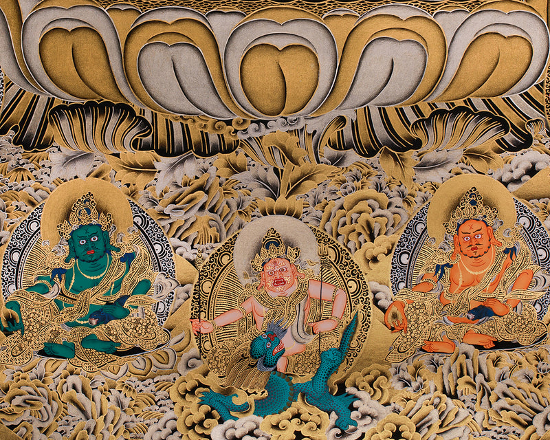 The Tranquil Presence of 4 arms Avalokiteshvara | Gold Embellished Thangka of Compassion