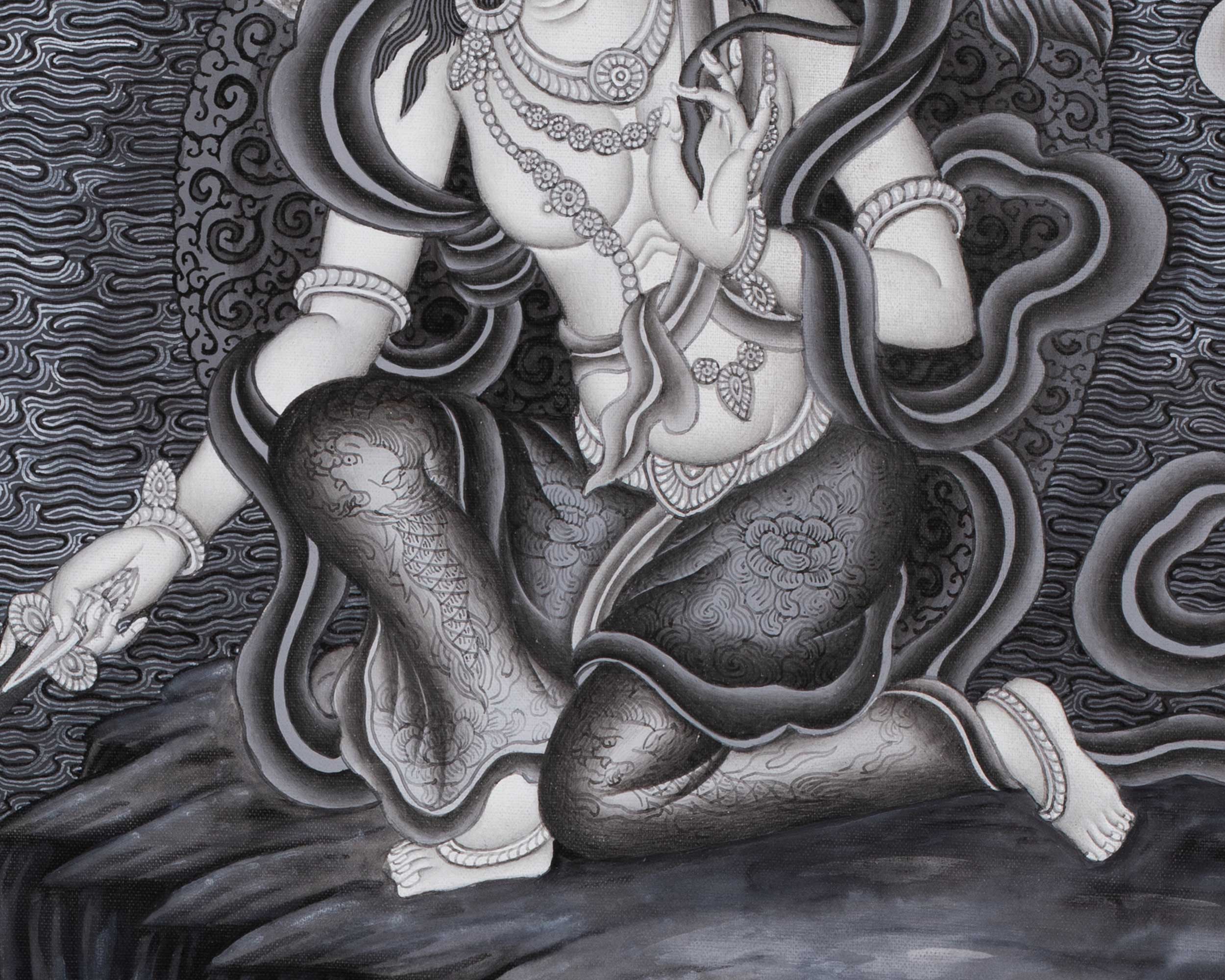 Boddhisattva Manjushree Thangka Creating Kathmandu Valley With The Self Born Light Swayambhu | Newari Style Black And White Wall Deco Art
