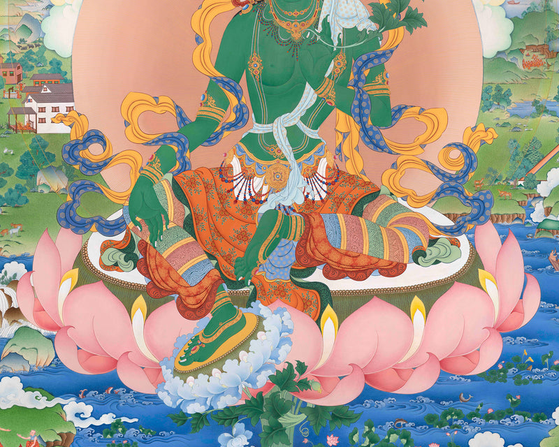 The Majestic Protector, Green Tara Artwork | A Grand Depiction of Compassion and Divine Protection