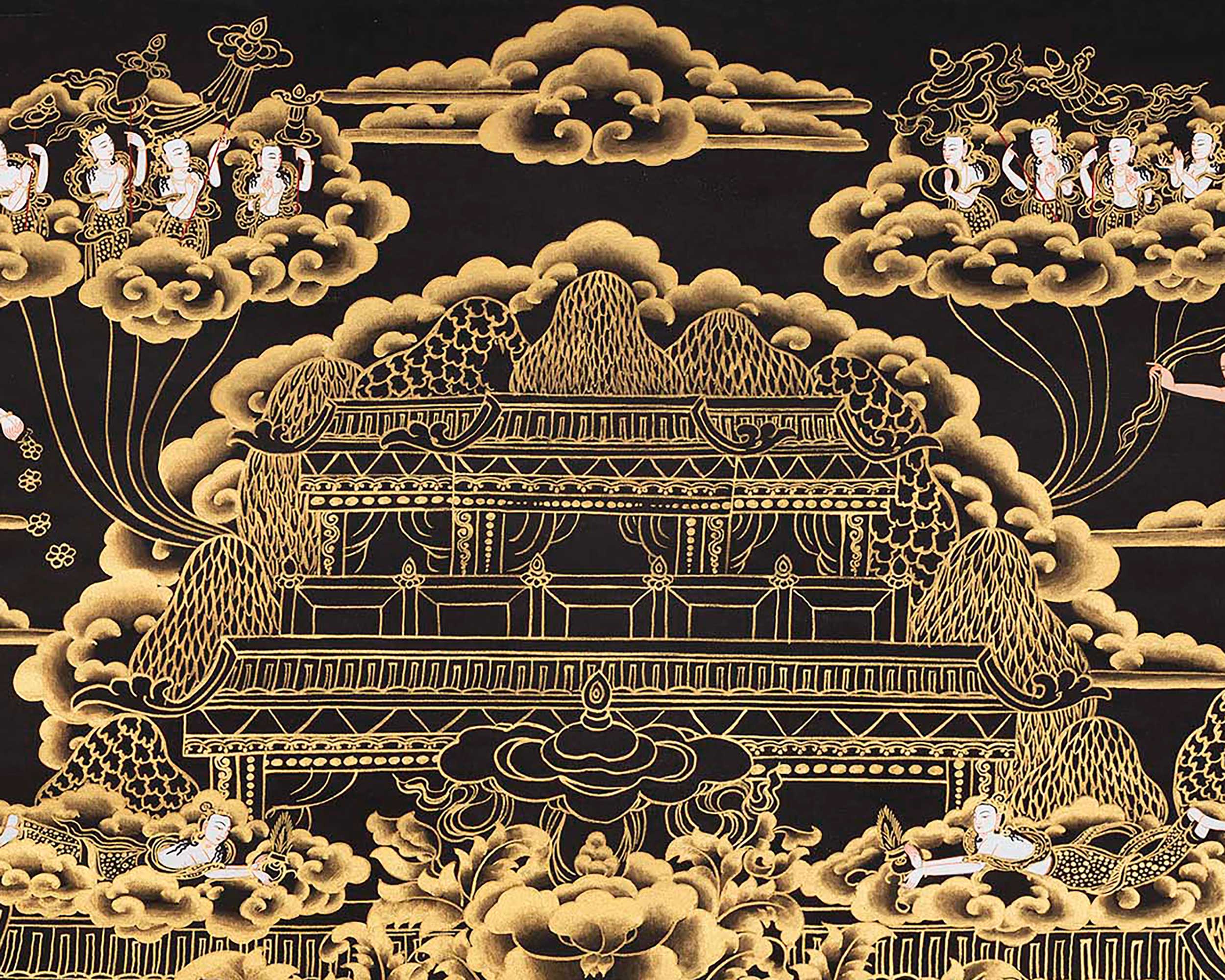 Black and Gold Amitabha Buddha Thangka | Sukhavati Thangka | Meditation Buddha