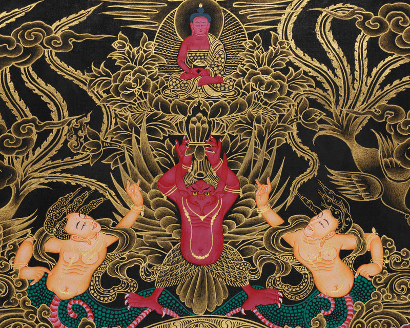 Imperial Presence Enlightened Teacher Shakyamuni Buddha | Opulent Gold Thangka of Buddha on Throne