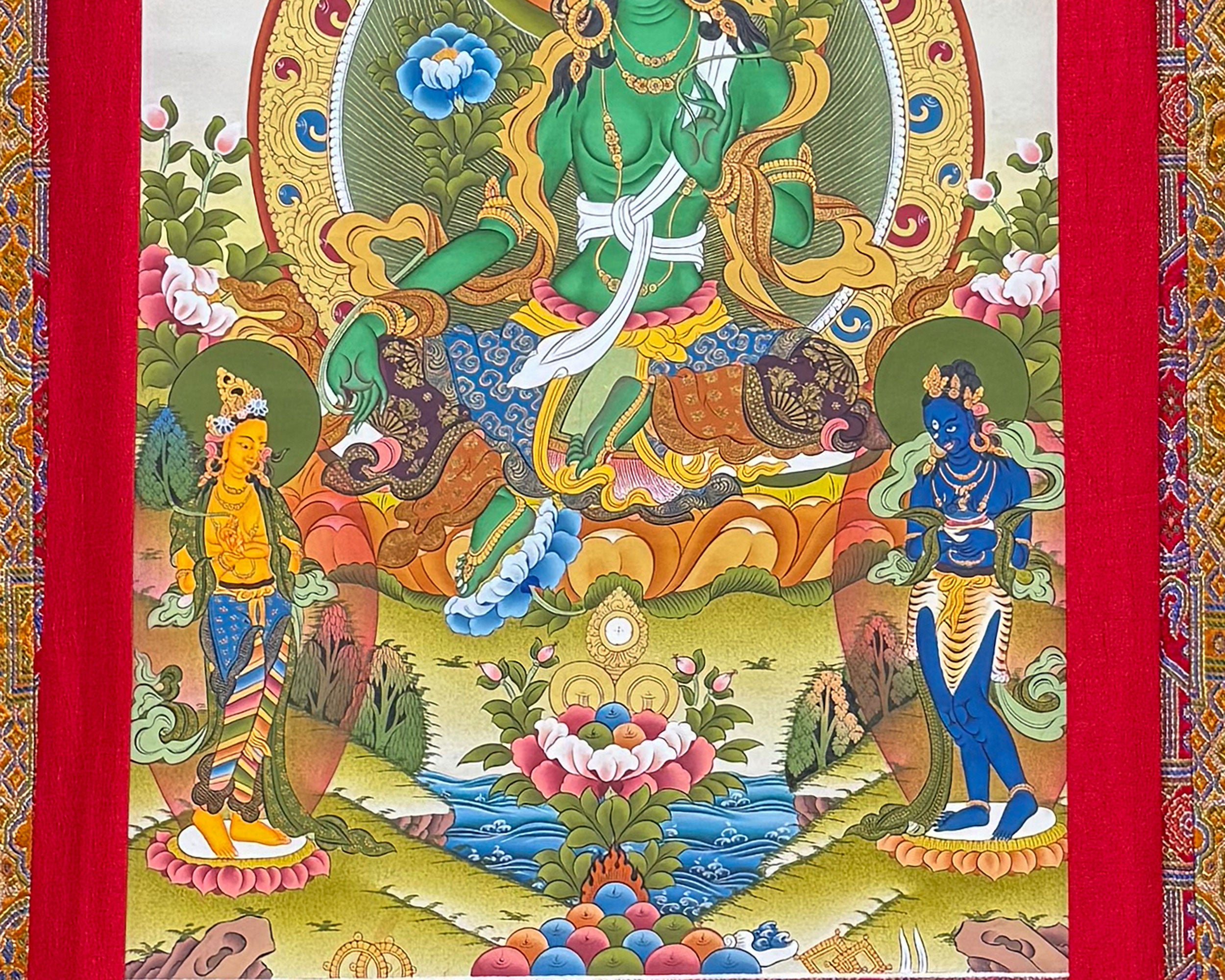 Green Tara with Bodhisattva Artwork | A Beautiful Thangka in Brocade Symbolizing Protection and Compassion