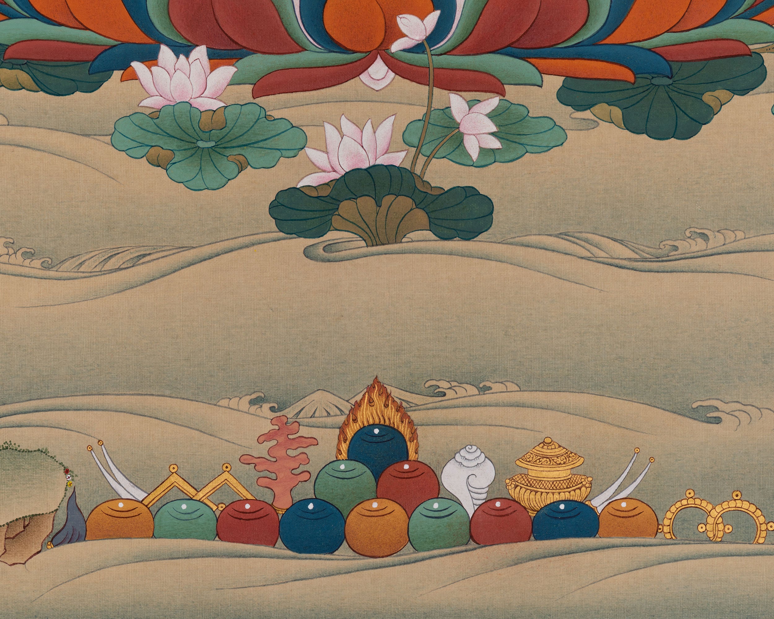 The Compassionate Buddha, Four Armed Chenresig Thangka | Exclusive Artwork with Lhasa Stone Hues