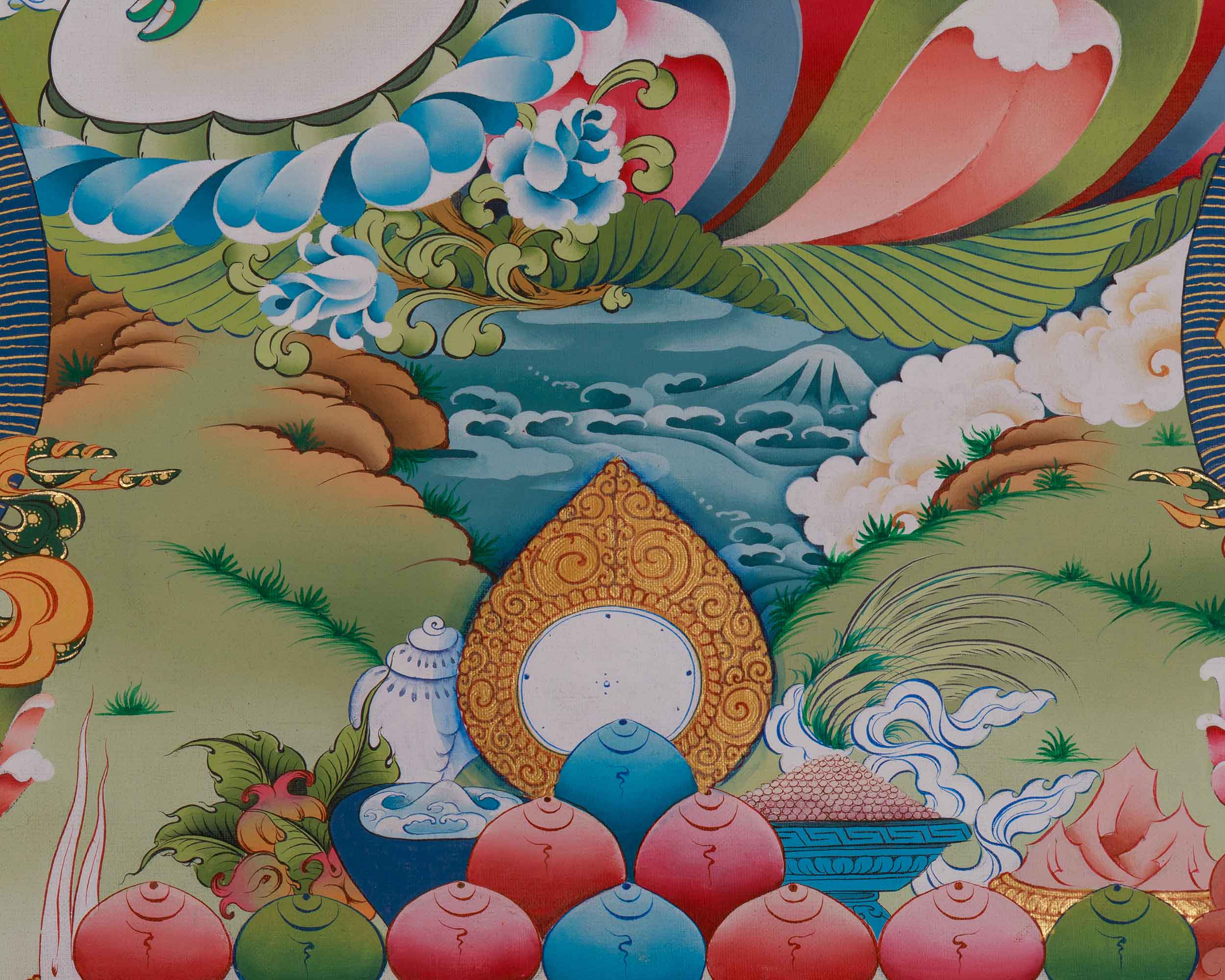 Green Tara Divine Thangka | Five Dhyani Buddhas, Saraswati, and Dukar
