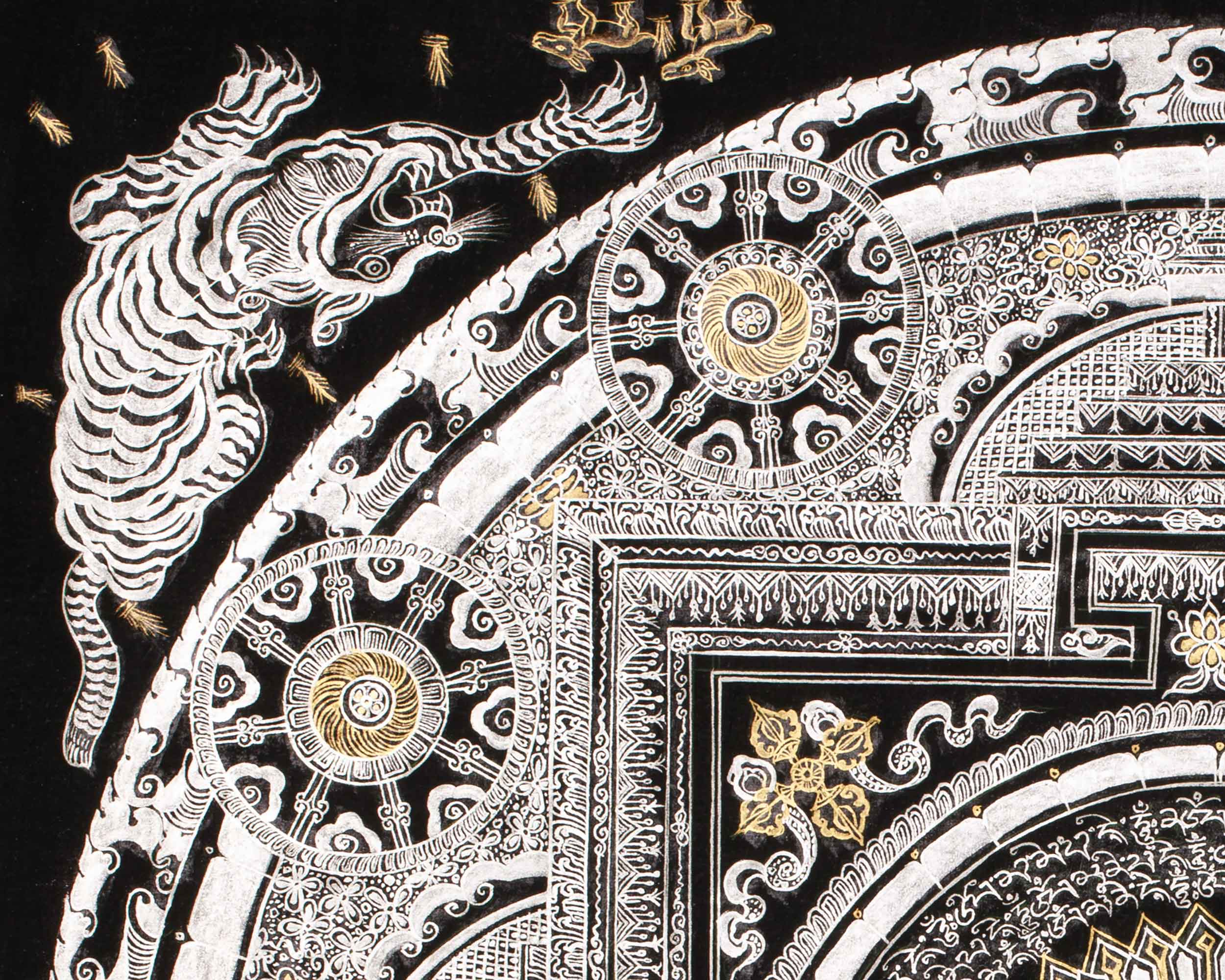 Silver with Gold Mantra Mandala | Four Mythical Creatures | Mandala Painting