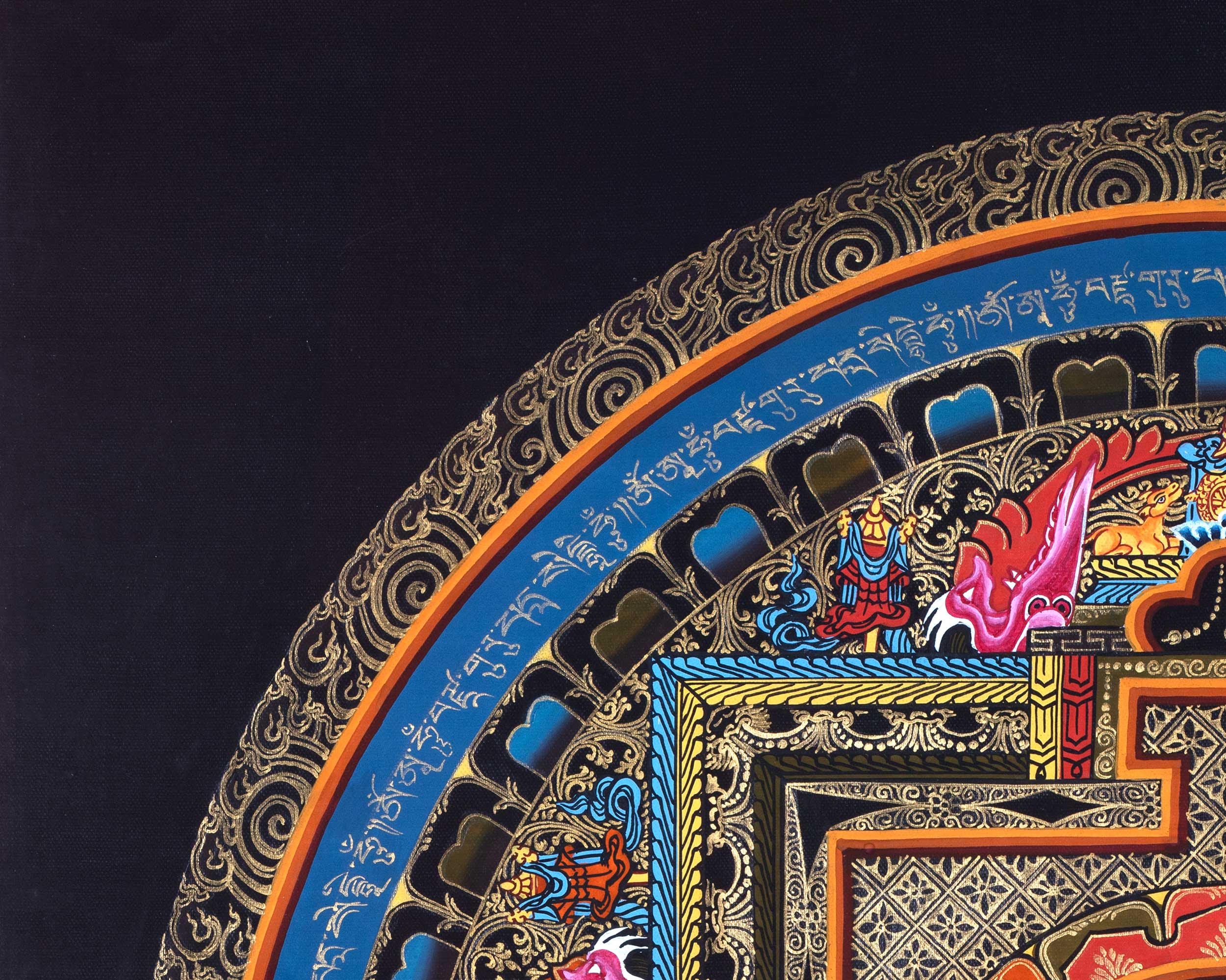 Buddha Shakyamuni Mandala Thangka Painting | Himalayan Buddhist Art  of Buddha On Lotus Throne  | 24 K Gold Work On Black  Base Color
