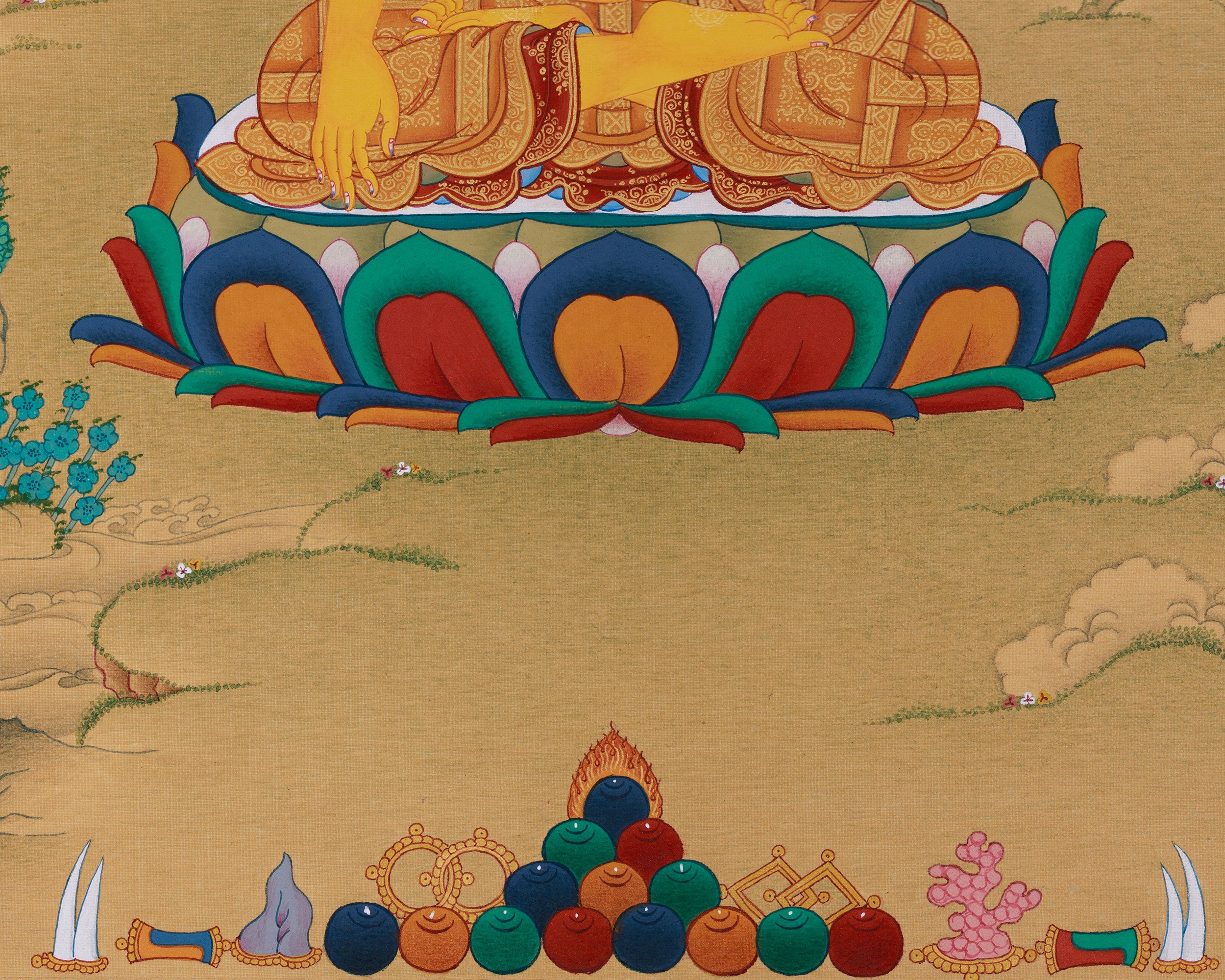 Hand-Painted Buddha In Bhumi Sparsha Mudra Thangka | Tibetan Buddha Painting
