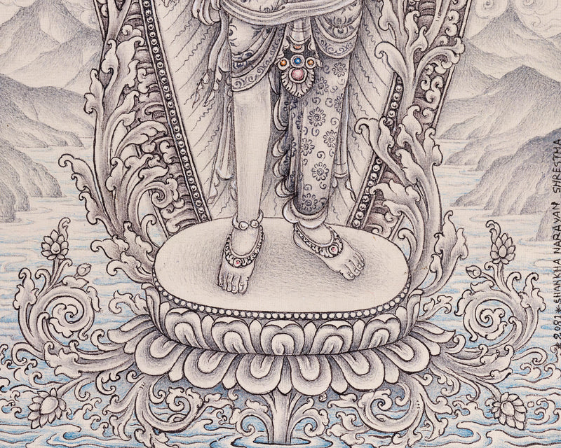 Standing Compassion Deity Thangka | 2-Armed Chenrezig | Buddhist Artwork