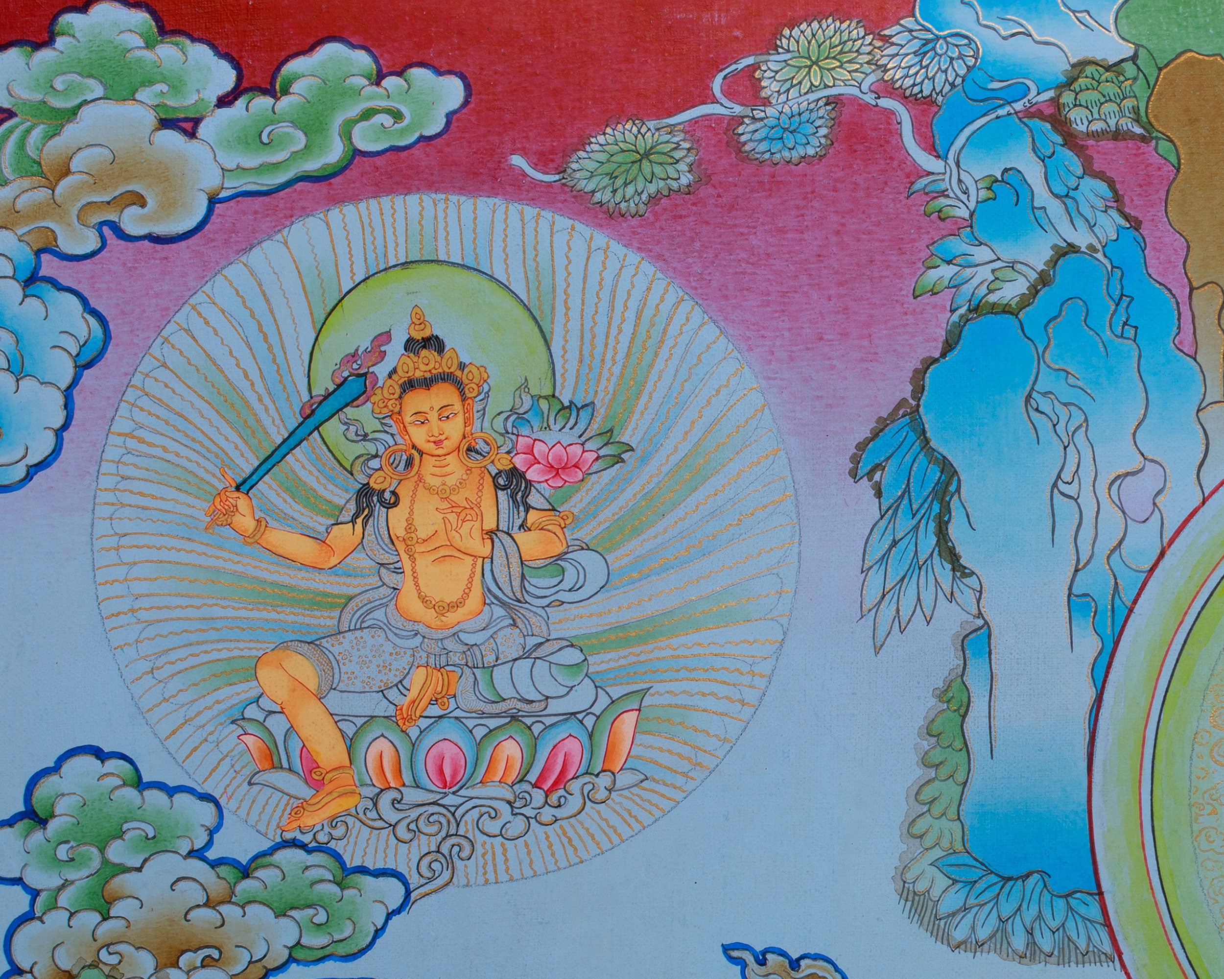 Four Armed Bodhisattva Thangka | Chenrezig Depiction with Manjushri and Vajrapani