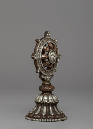 Silver-Plated Buddhist Dharma Wheel & Deer Set | Sacred Buddhist Symbol