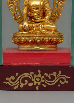 Glass-Enclosed Shakyamuni Buddha Statue | Meditative Lotus Pedestal Figure