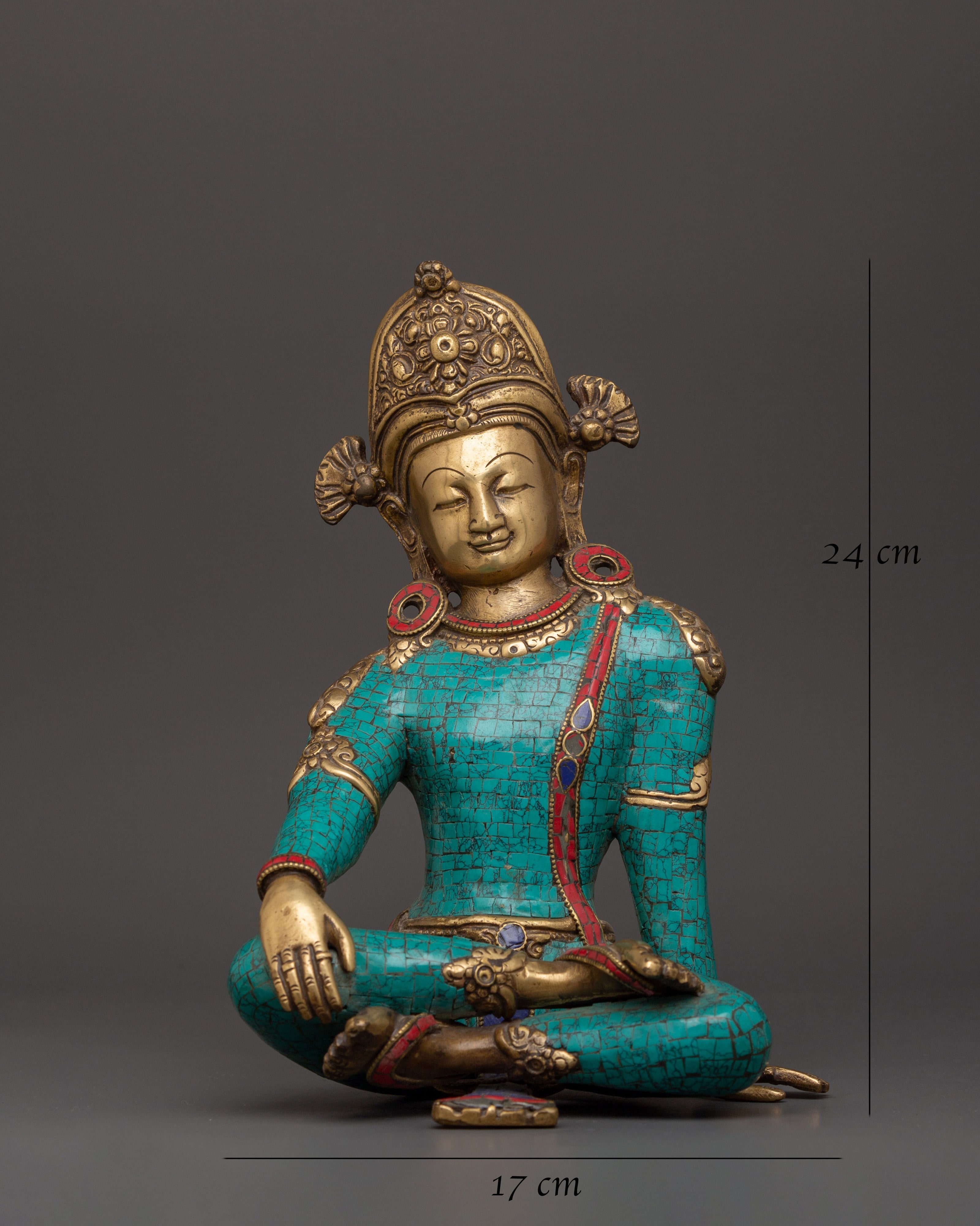 Lokeshwor Bodhisattva Statue | Brass Figurine with Turquoise & Coral Inlay