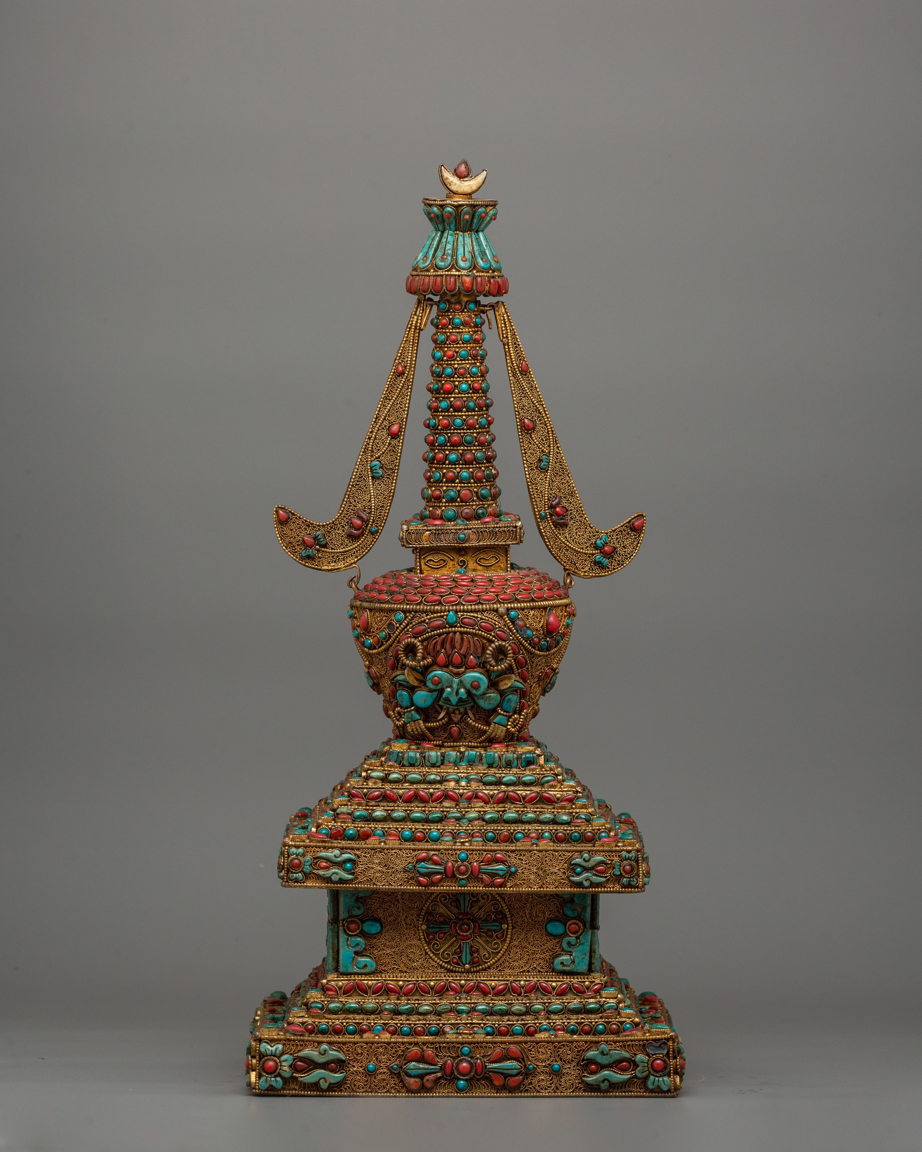 Decorative Stupa with Buddha Figure | Copper Stupa with Gold Plating