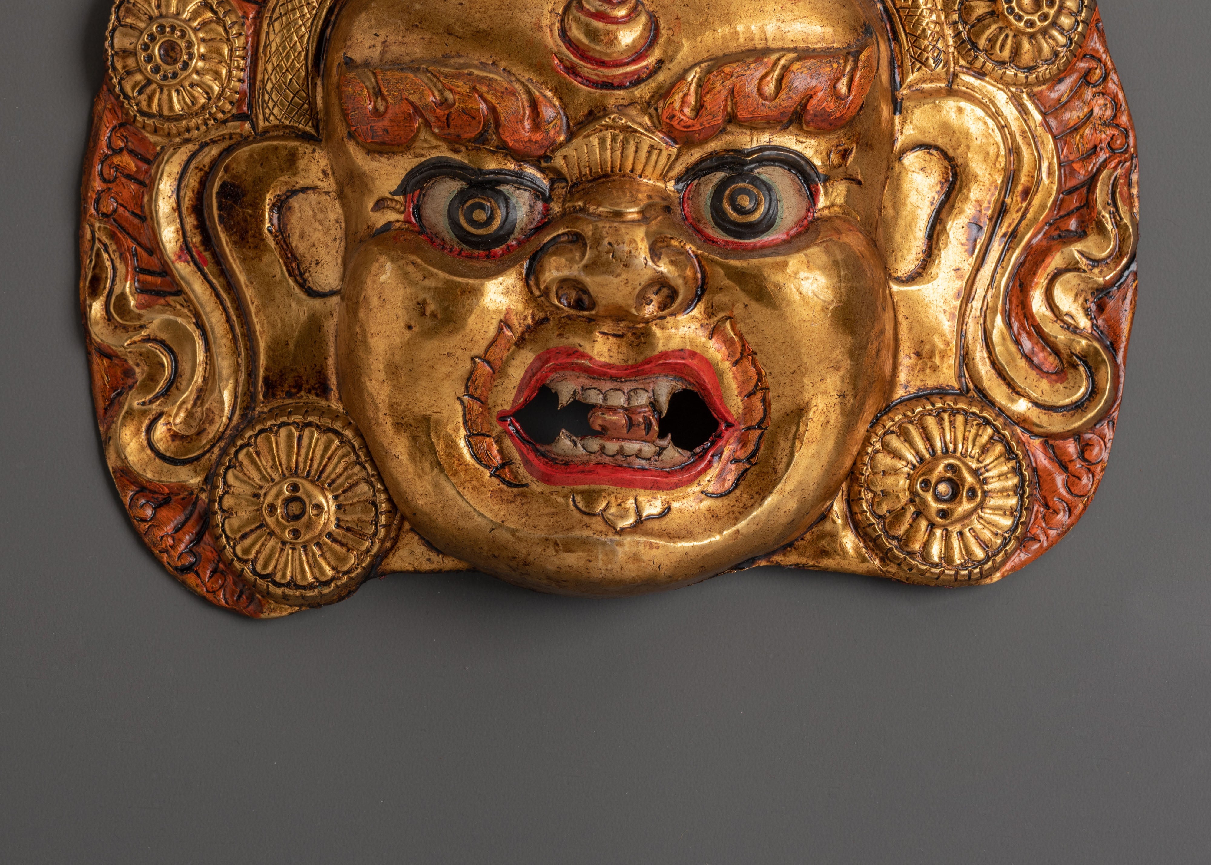 Handmade Tibetan Wrathful Deity Wall Hanging | Gold-Plated Brass Mask