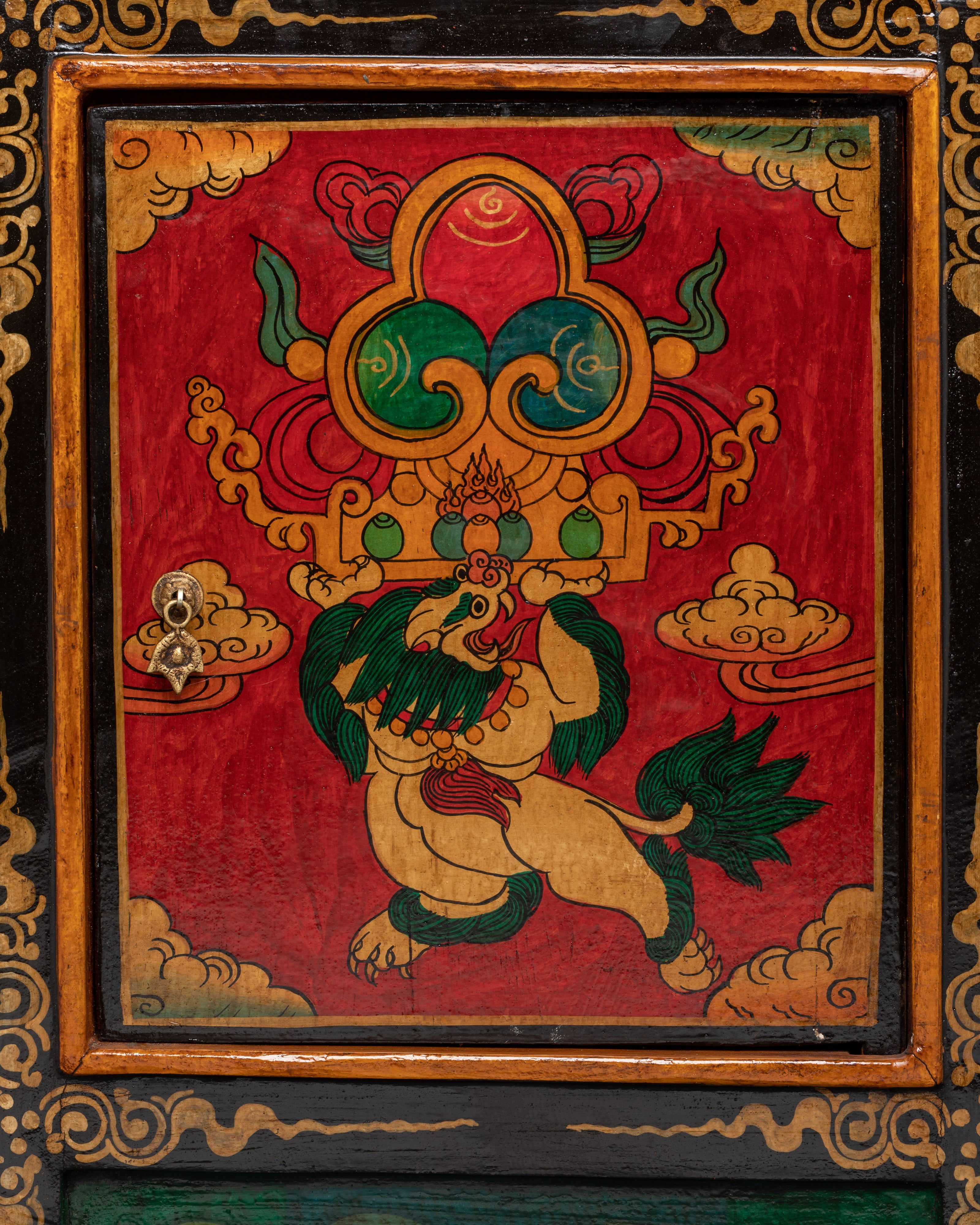 Handcarved Tibetan Wood Cabinet | Engraved Snow Lion Guardian