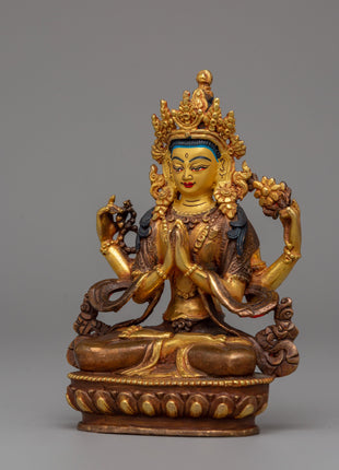 Gold Plated Chenrezig Statue | Avalokiteshvara Copper Buddha