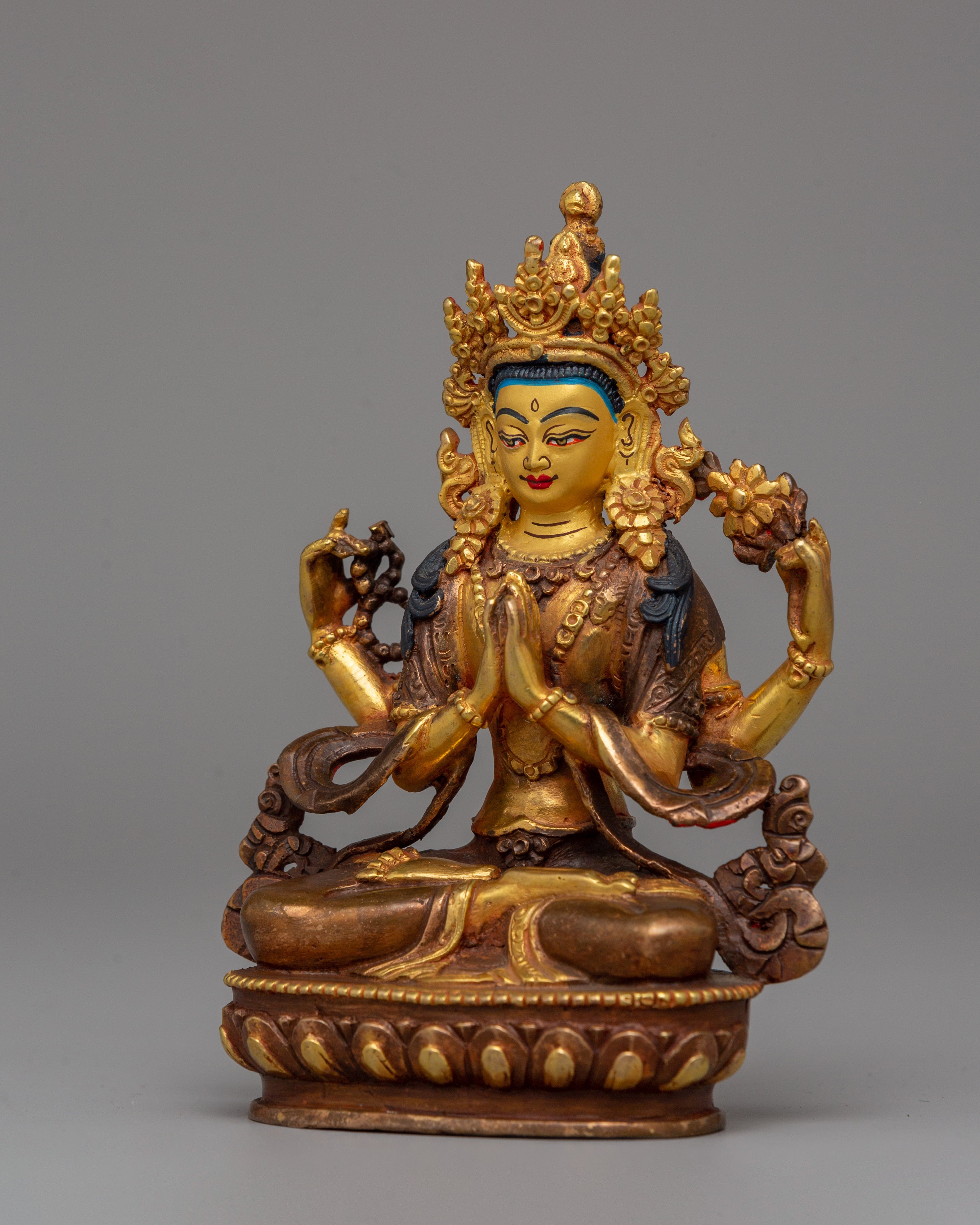 Gold Plated Chenrezig Statue | Avalokiteshvara Copper Buddha