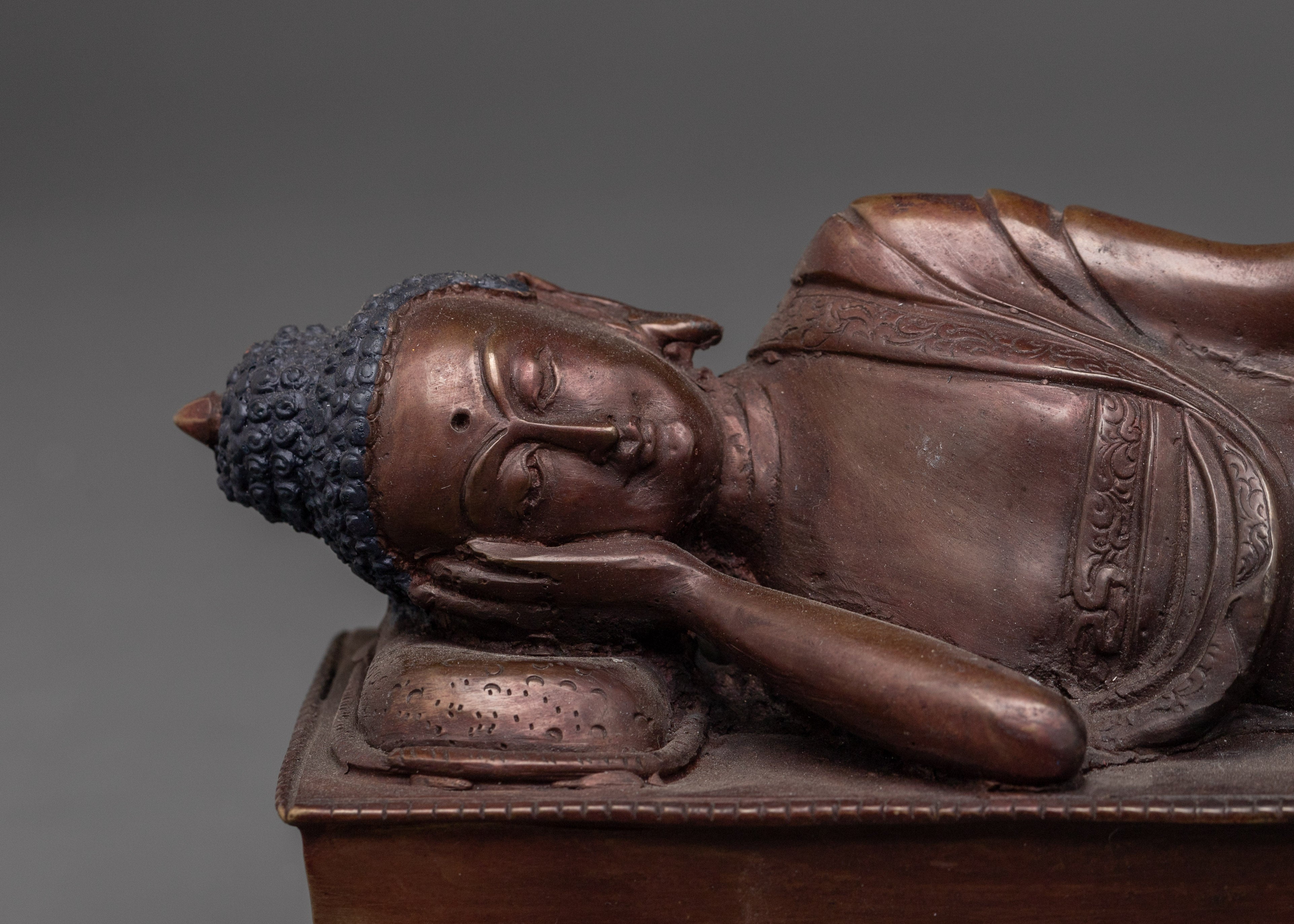 Historical Sleeping Buddha Statue | Handcrafted Oxidized Copper Reclining Buddha Figurine