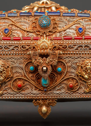 Gold-Plated Copper Tibetan Treasure Box | Coral & Turquoise Stones Inlaid Handcrafted Box