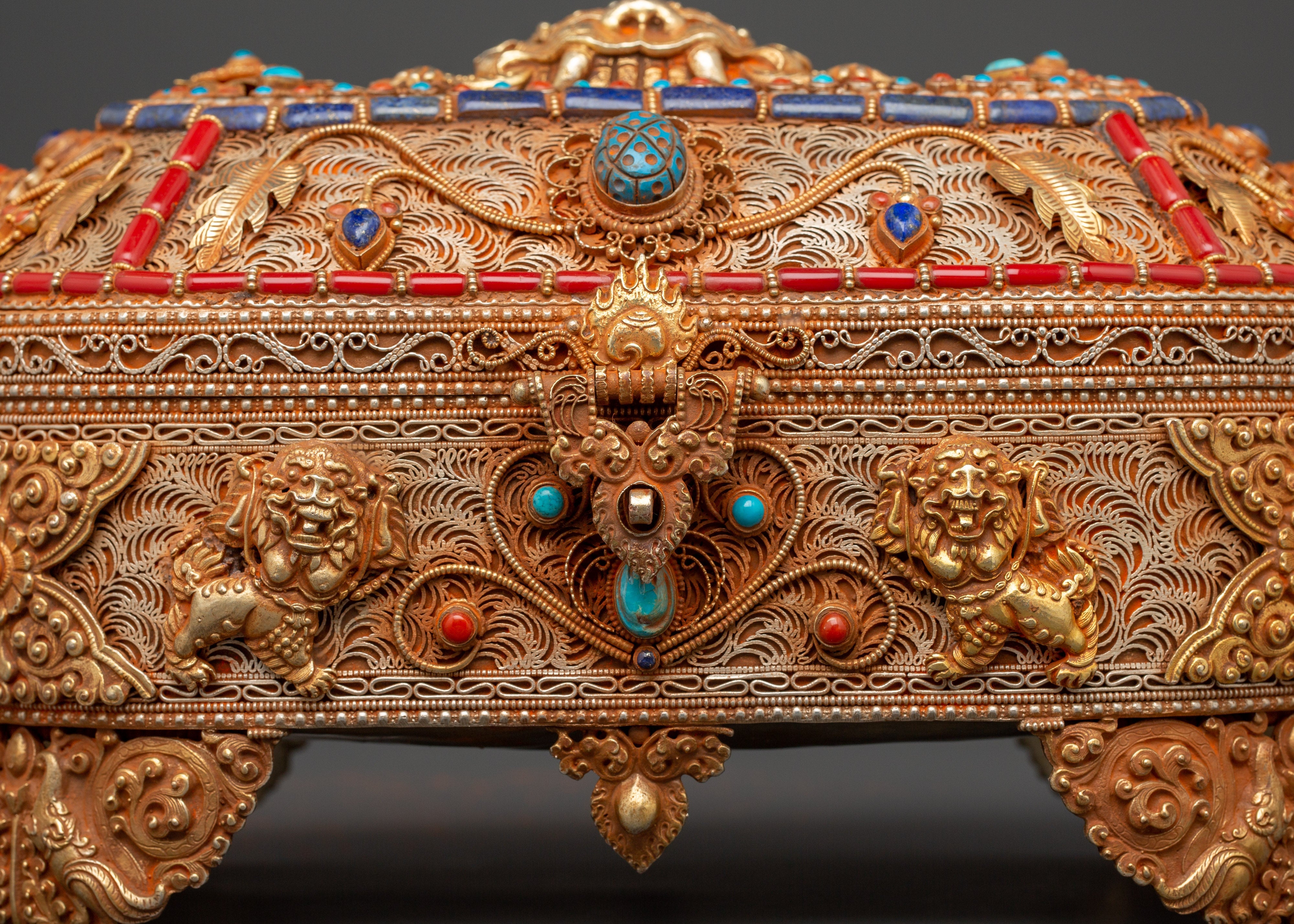 Gold-Plated Copper Tibetan Treasure Box | Coral & Turquoise Stones Inlaid Handcrafted Box
