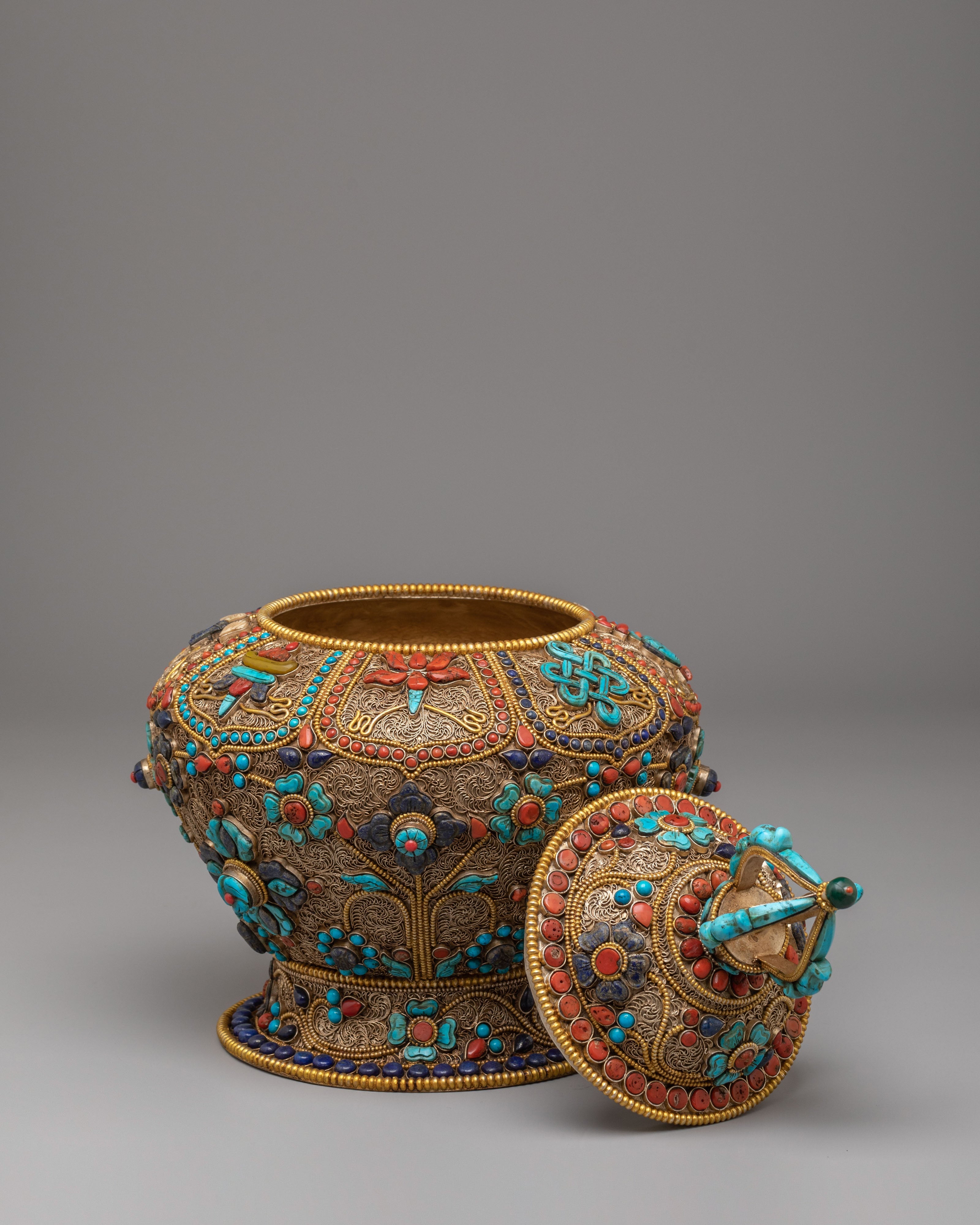 Buddhist Shrine Rice Pot | Filigree Silver Offering Vessel