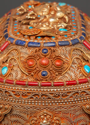 Gold-Plated Copper Tibetan Treasure Box | Coral & Turquoise Stones Inlaid Handcrafted Box