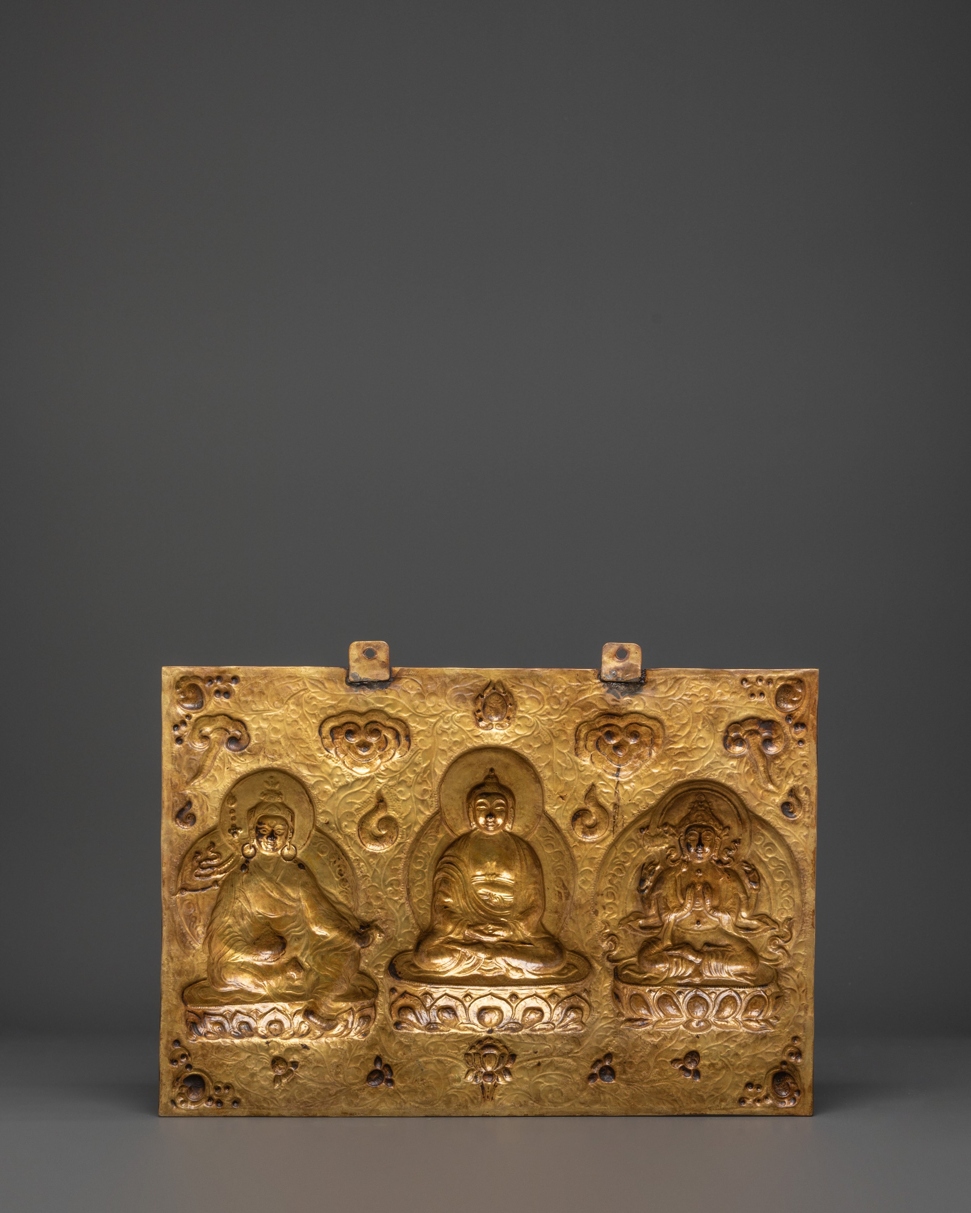 Handmade Buddhist Wall Hanging Brass | Three Buddha Trinity Sacred Art