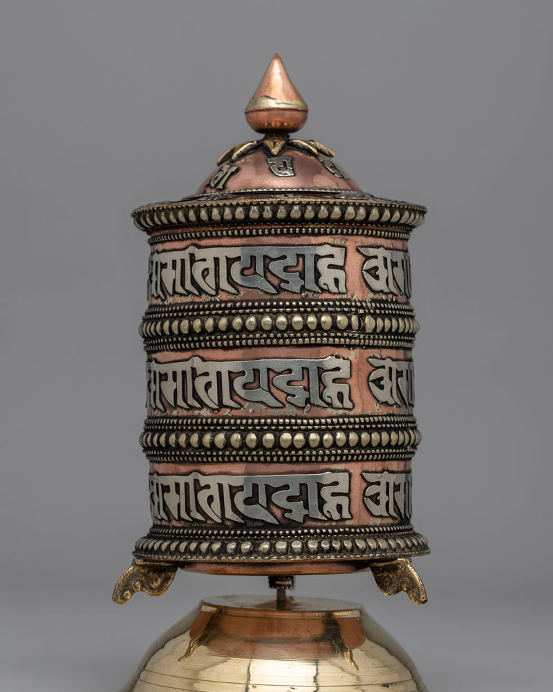 Traditional Tabletop Tibetan Prayer Wheel | Mani with Mantra, Copper & Brass Design