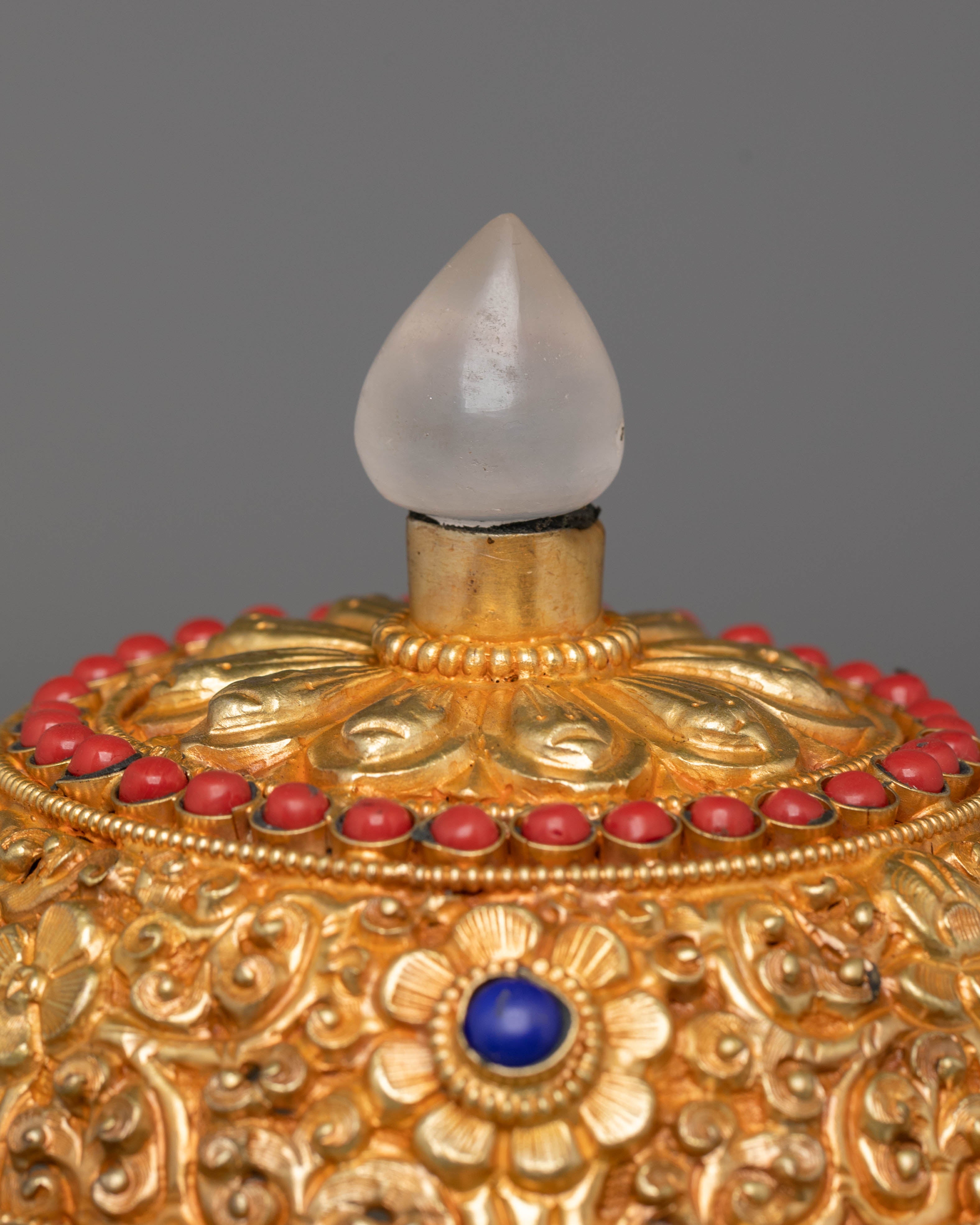 Spiritual Buddhist Rice Pot | Electro Gold-Plated Copper with Coral & Turquoise