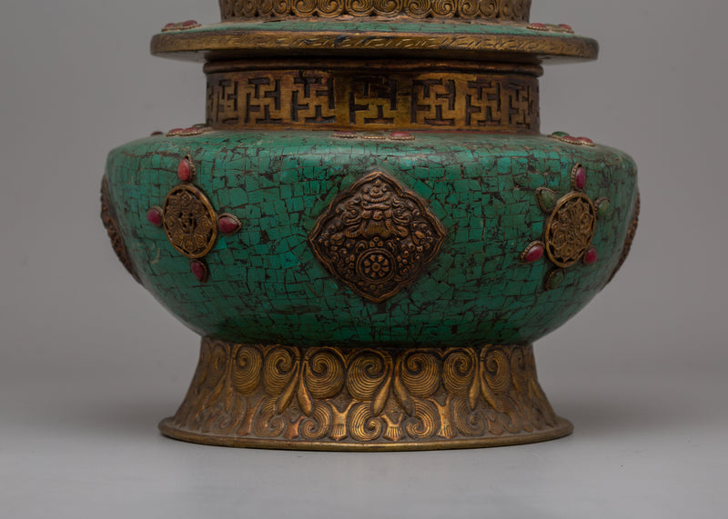 Handmade Tibetan Rice Pot | Dhupur Ritual Artifact with Turquoise Stone Details