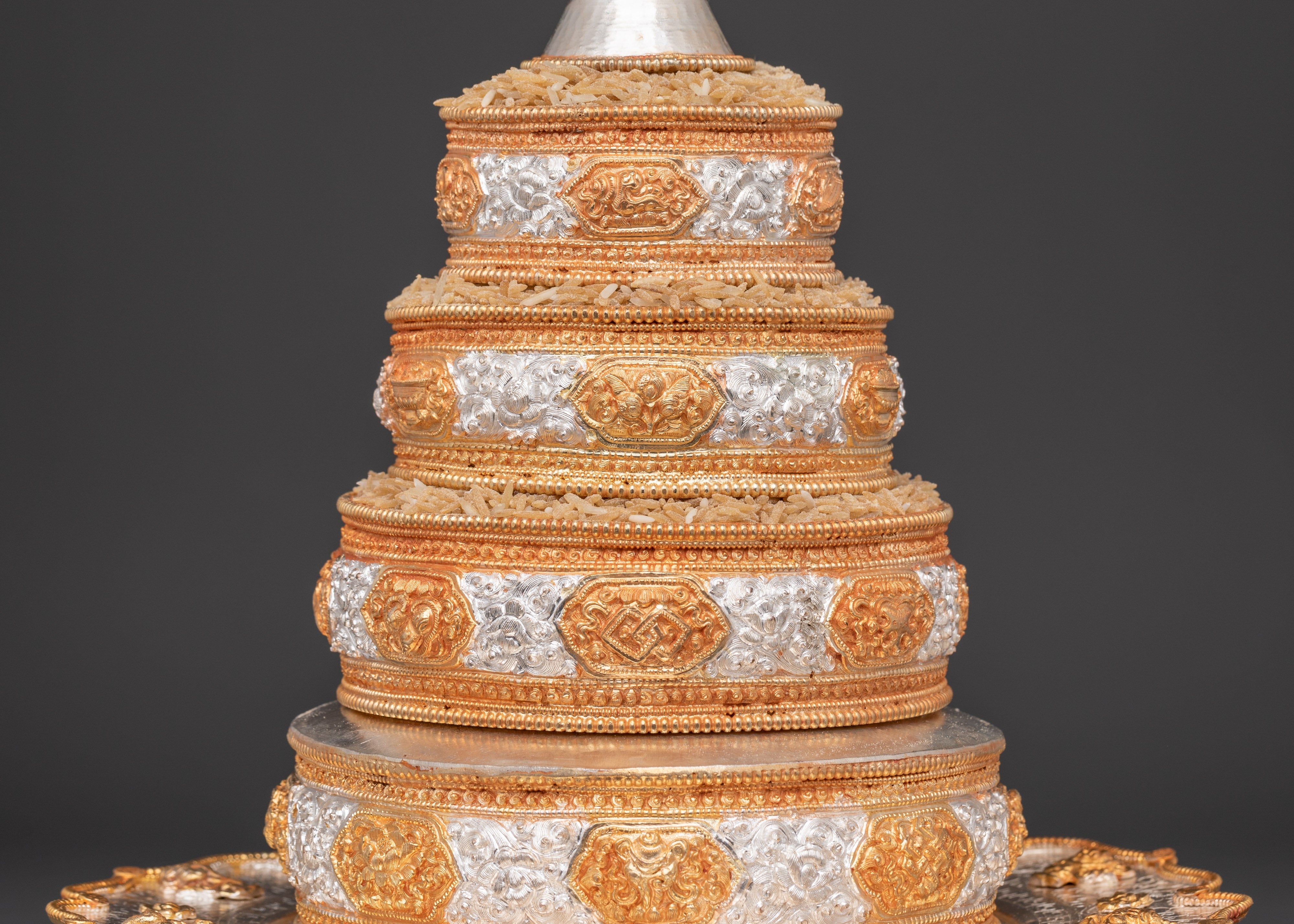 Handcrafted Tibetan Mandala Offering Set | Gold & Silver Ritual Sculpture