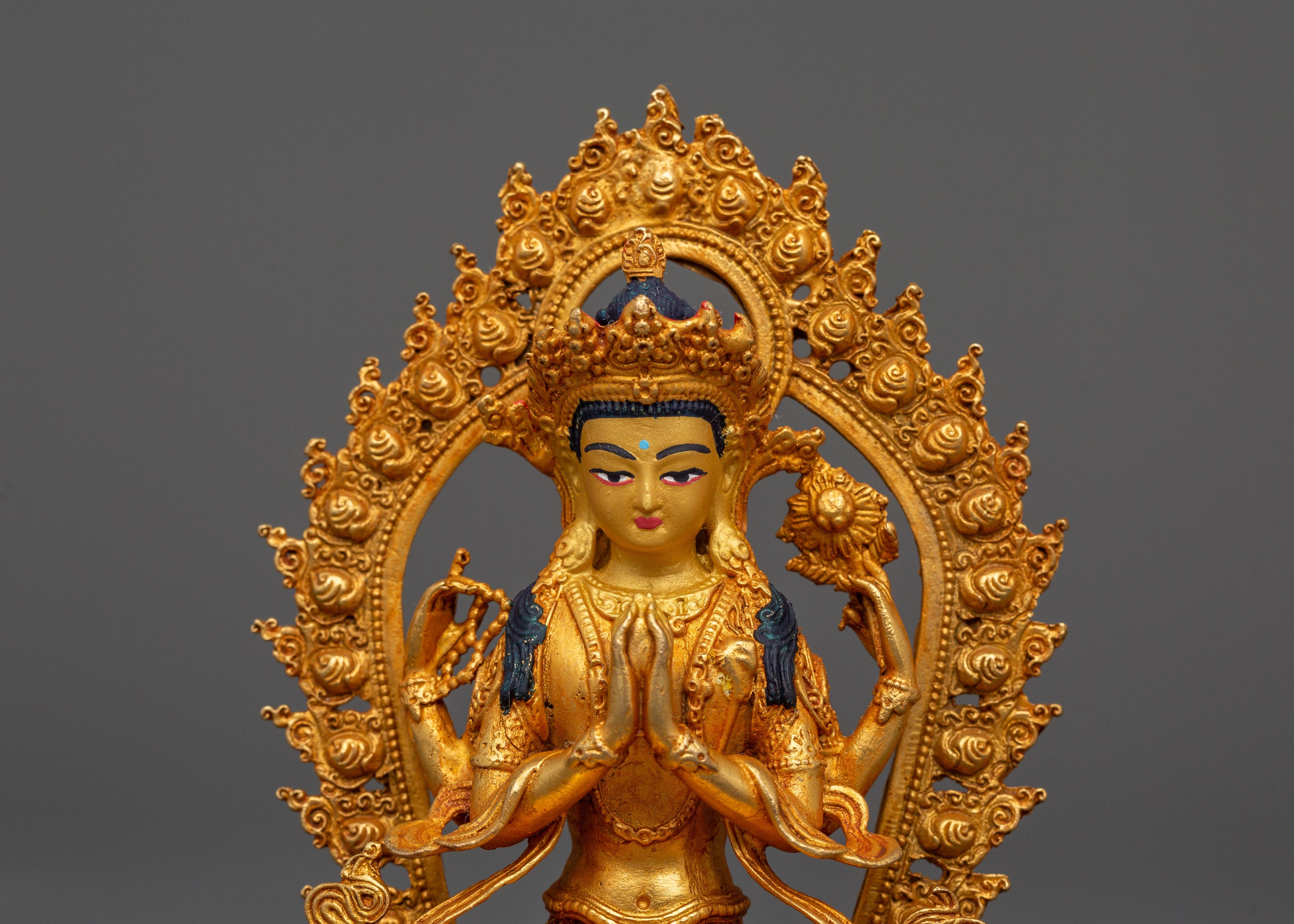Gold Plated Chenrezig Statue in copper | Tibetan Bodhisattva of Compassion