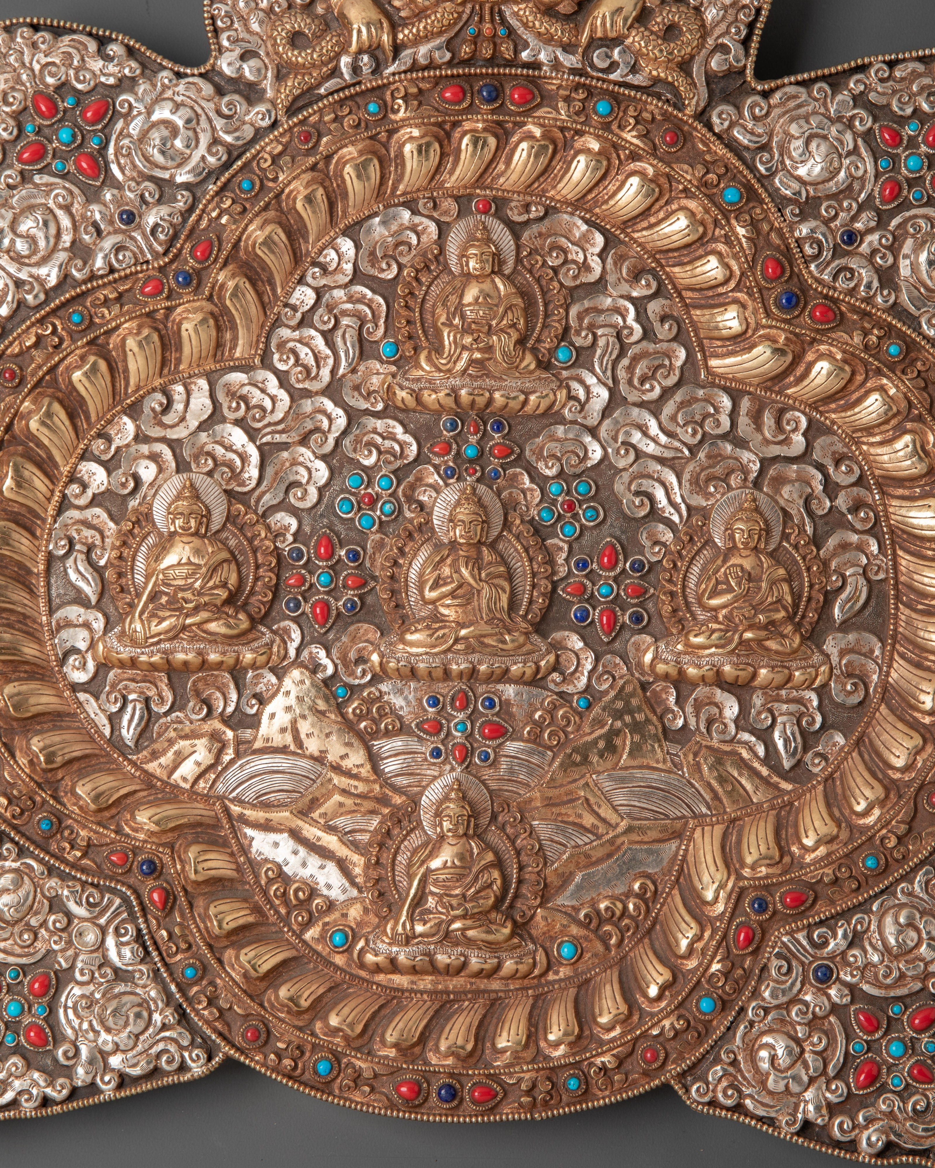 Handcrafted Five Buddha Wall Hanging | Spiritual Art for Meditation & Altar