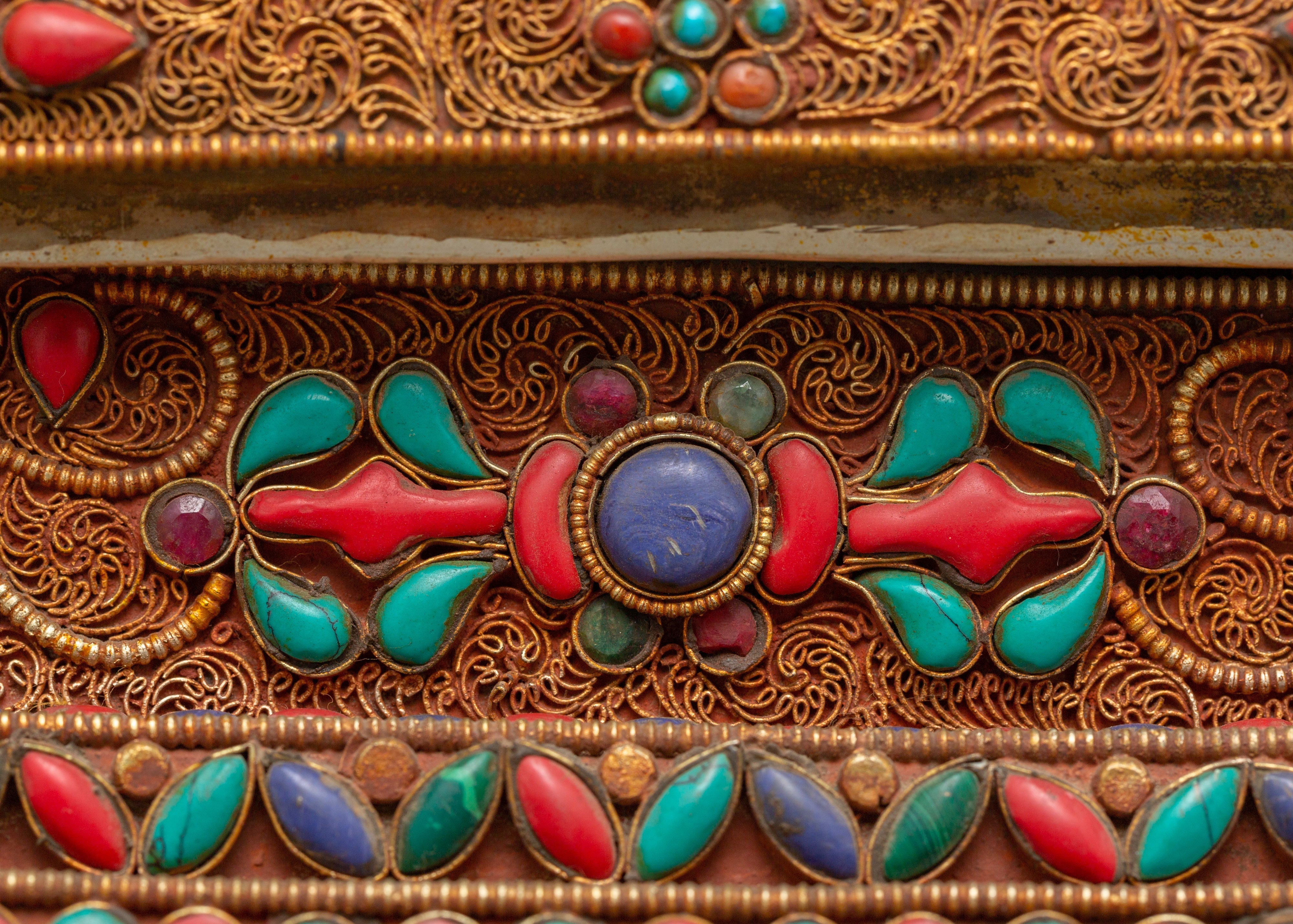 Copper Buddhist Chorten with Turquoise and  Coral | Spiritual Symbol of Peace