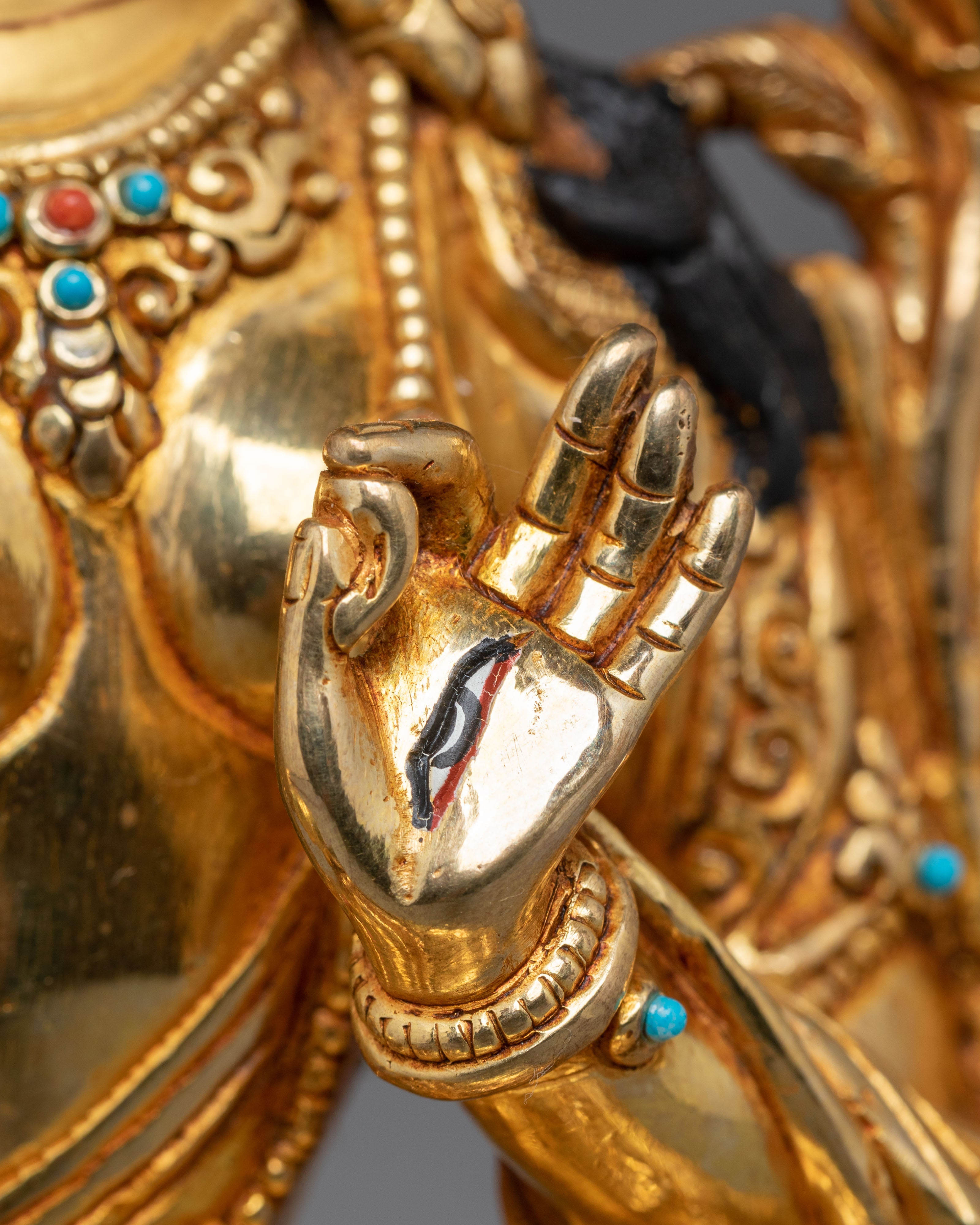 Statue of Sita Tara | Gold Plated Copper Sculpture with Coral and Turquoise