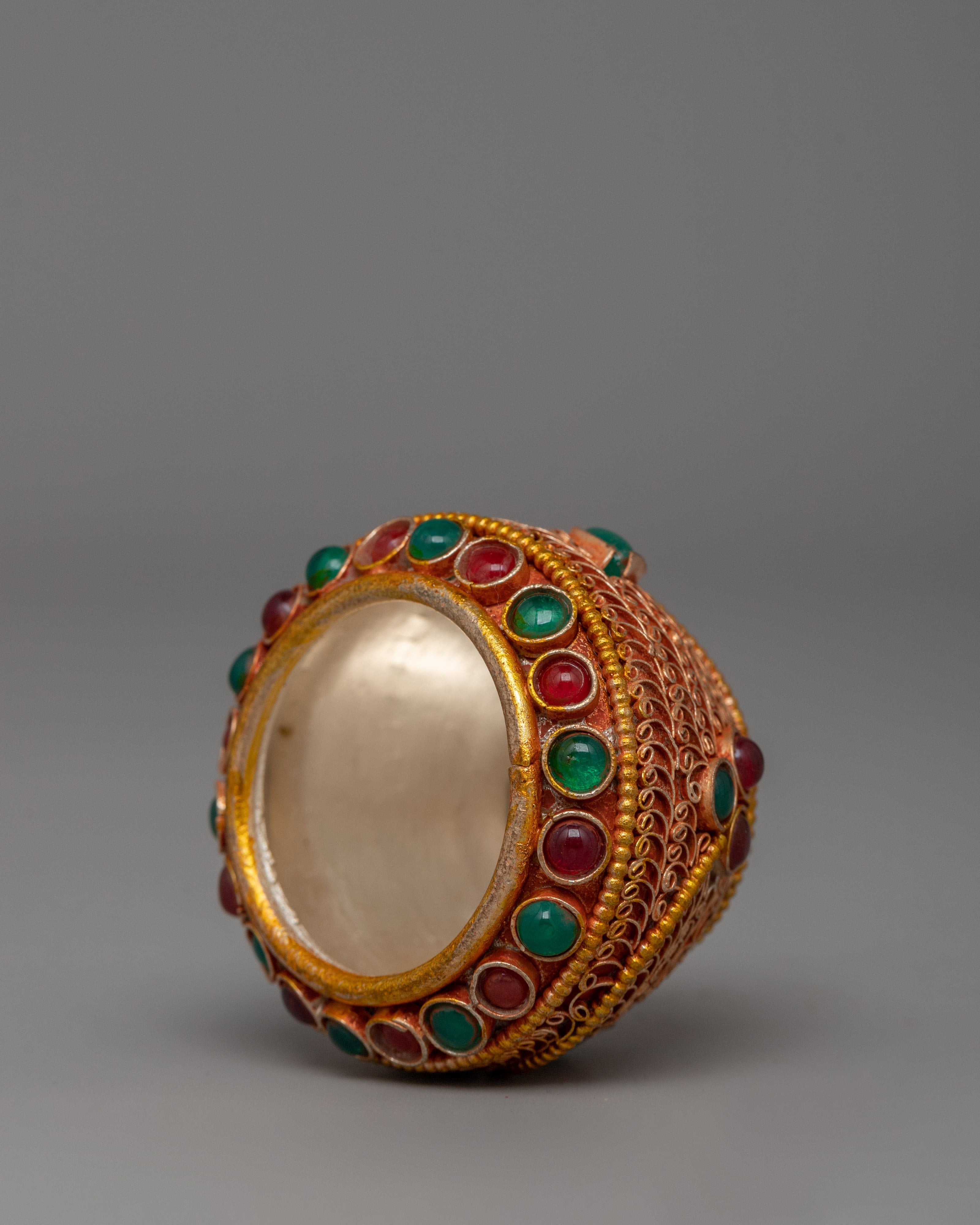 Copper Gold Plated with Turquoise & Coral Golpa Bowl | Tibetan Golpa Ritual Offering Bowl