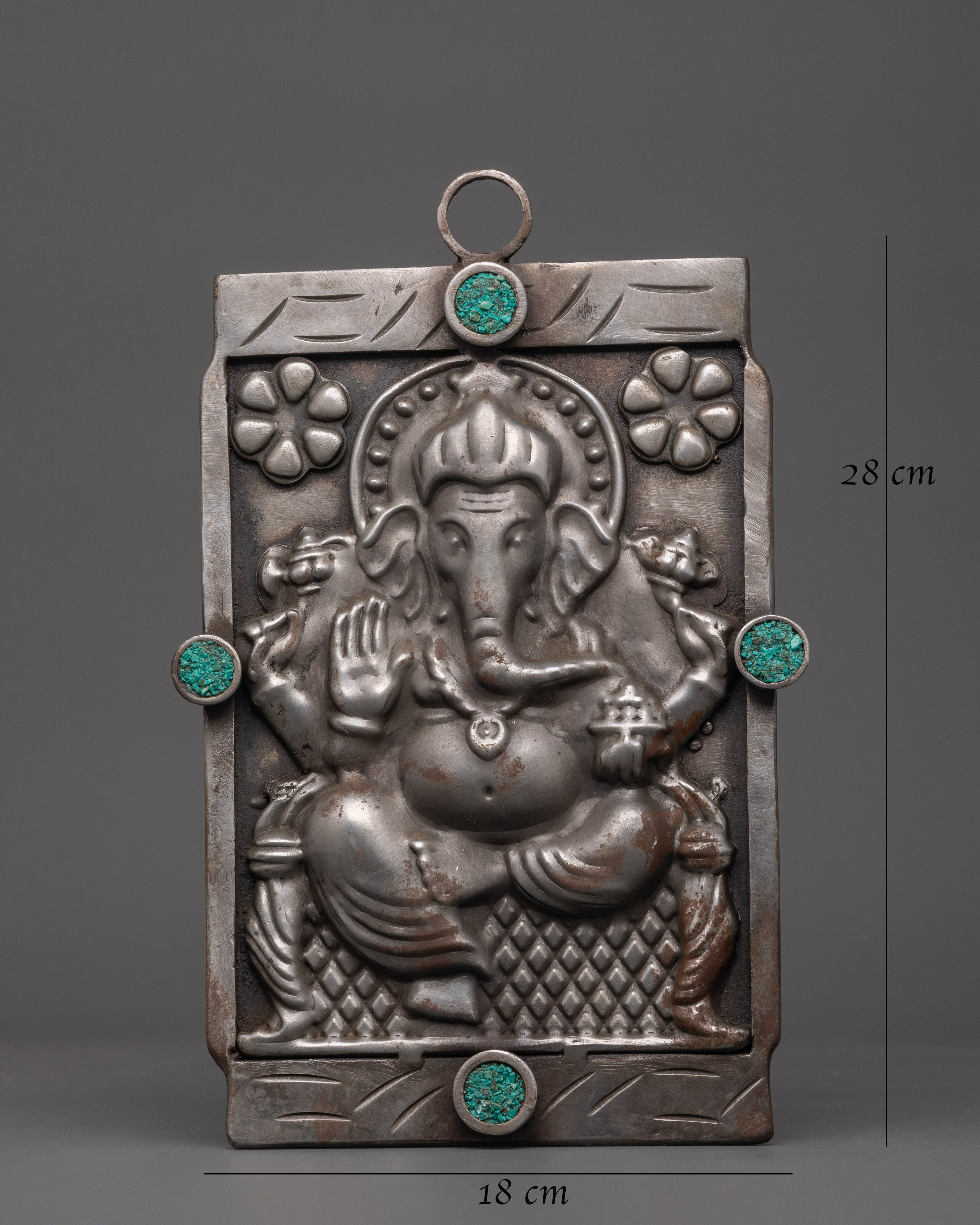 Hand-carved Ganesh Wall Hanging | Iron & Turquoise Stone Sculpture